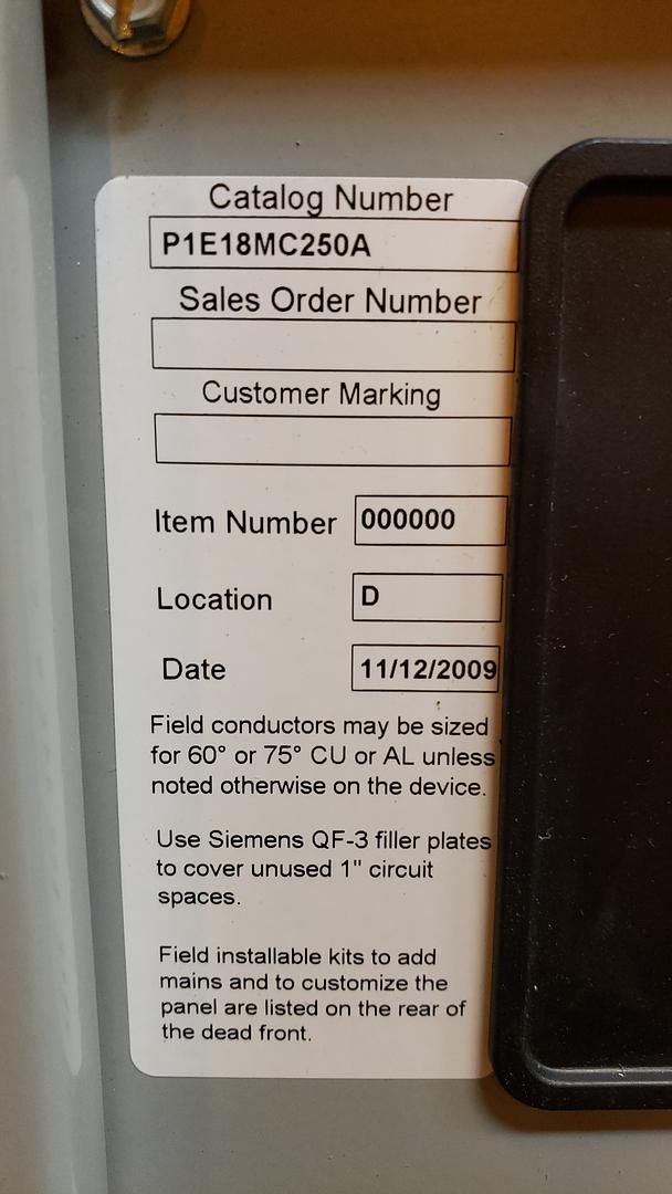 SIEMENS 250A Panelboard 480V, 277V, 3PH P1E18MC250A(S6LLST3621)