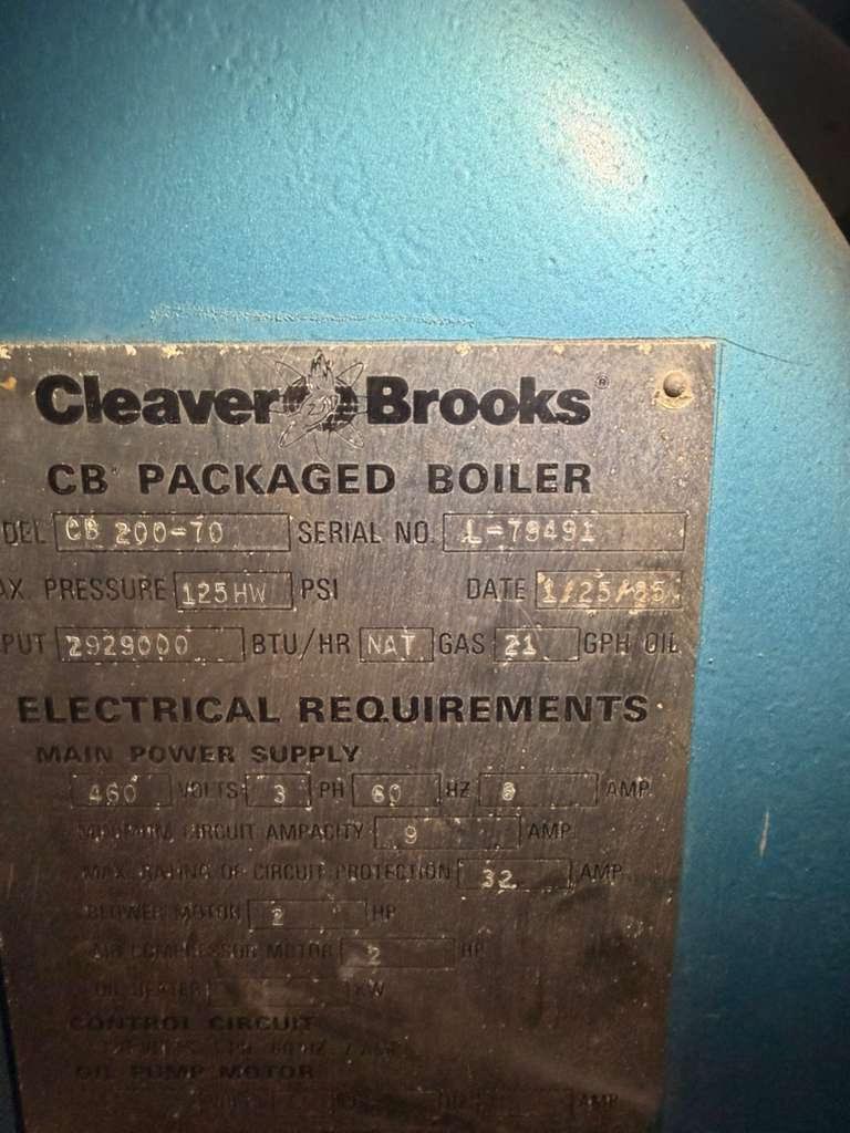 Cleaver Brooks CB200-70 Packaged Boiler 70 HP 125 PSI Dual Fuel Gas Oil 2.9M BTU