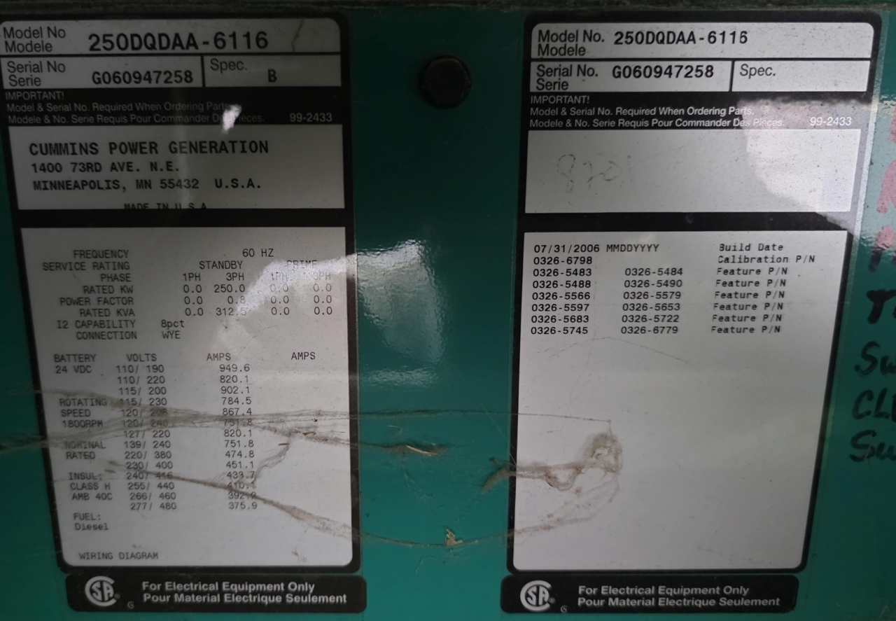 250KW Cummins Onan Diesel Generator 250DQDAA 1&3PH 188hrs '06