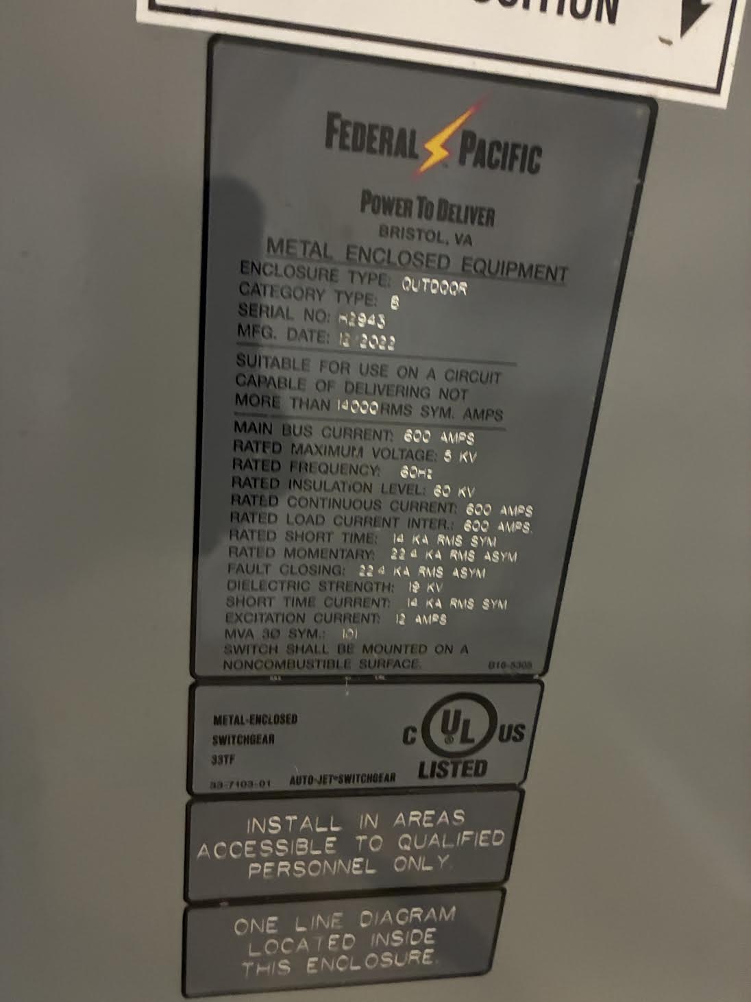 NEW Federal Pacific 5kV 600A Metal-Enclosed Outdoor Switchgear - Auto-Jet II Load Interrupter Switch