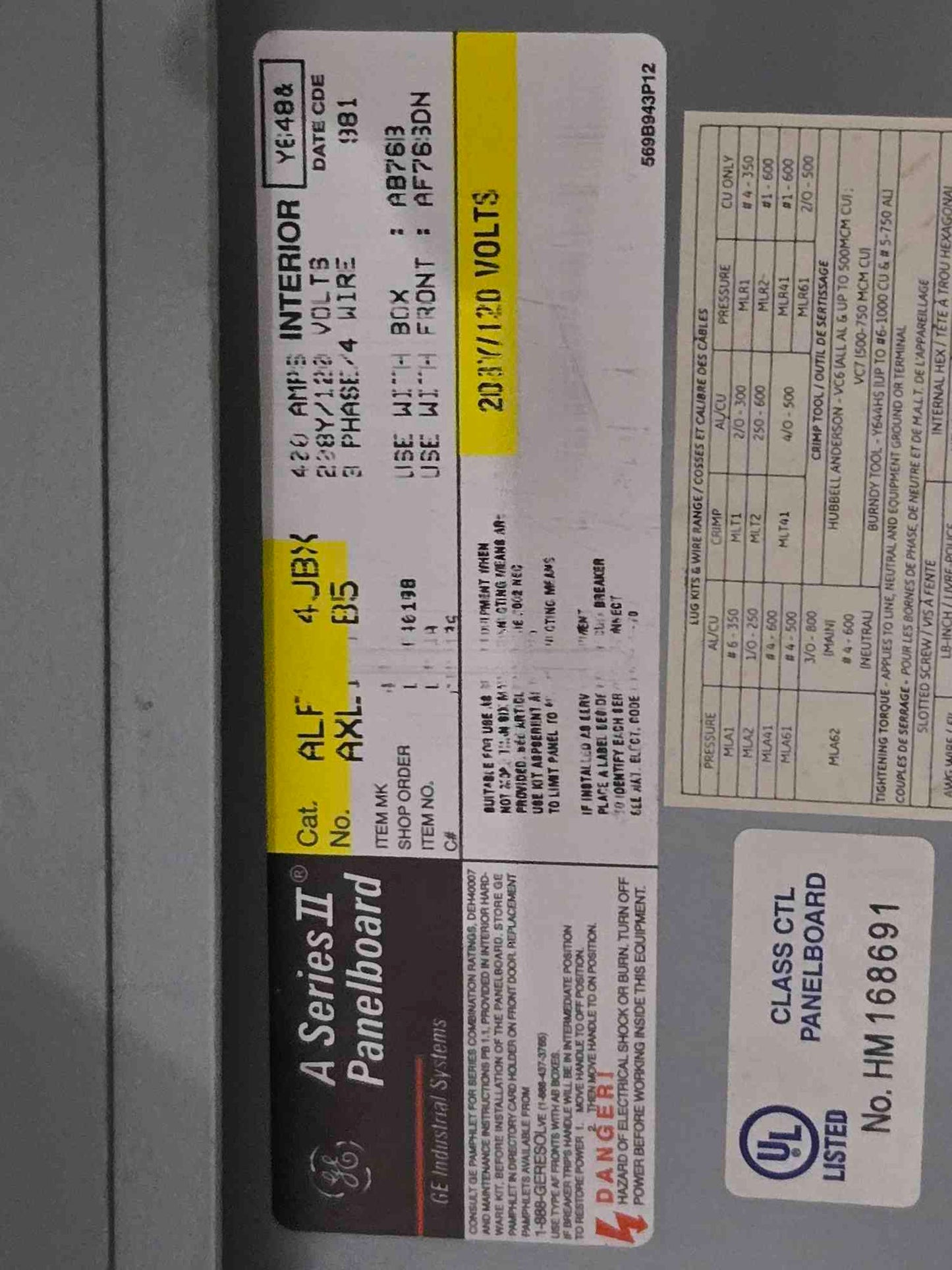 GE A Series Panels 400 amp W/ Main 208/120v (107650)
