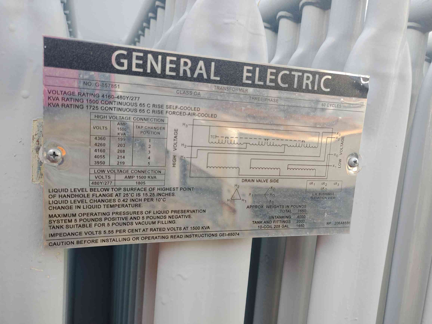 GE 1500KVA Substation Oil Transformer 4160V x 480Y/277 (111925)