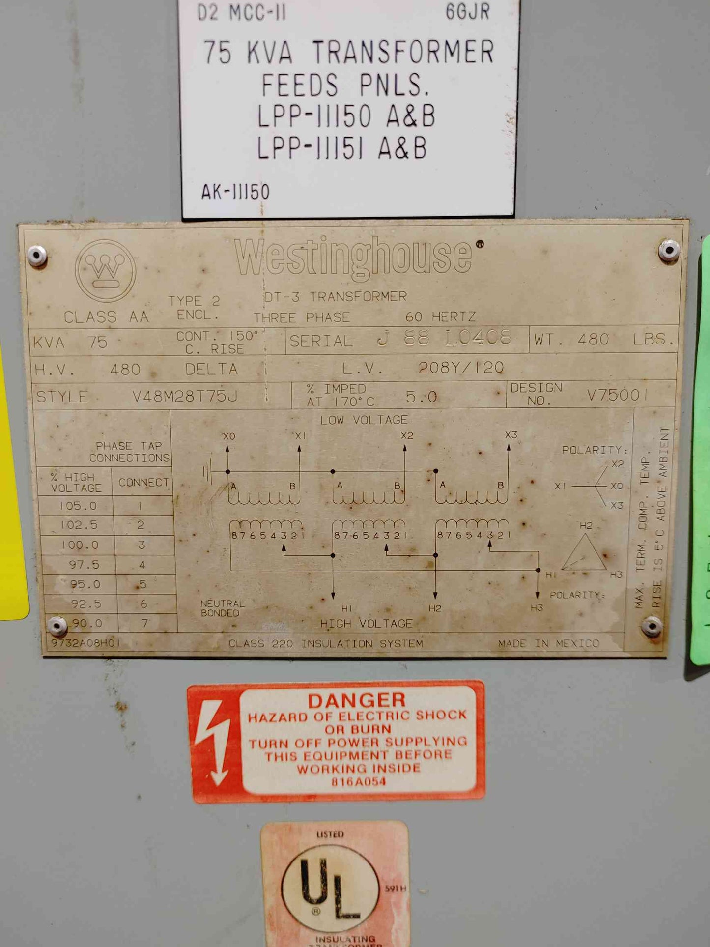 Westinghouse 75 KVA Transformer 3 Phase 480V to 208Y 120V DT-3 V48M28T75J Box