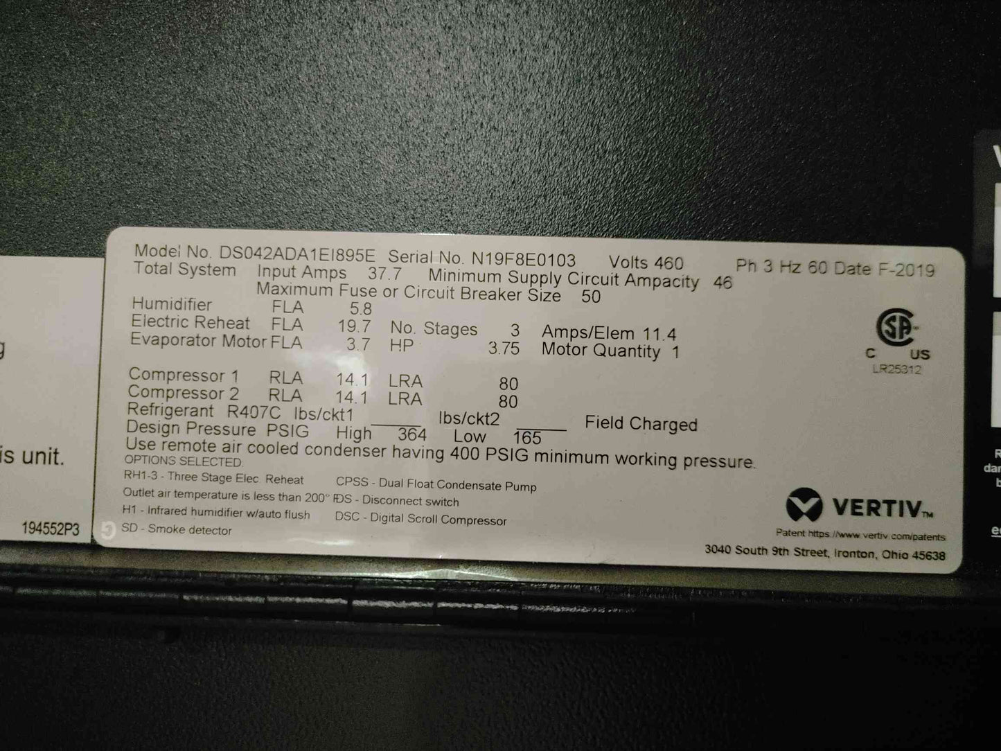 Vertiv Liebert DS Data Center CRAC Precision Cooling AC Unit 460V DS042ADA1E1895E