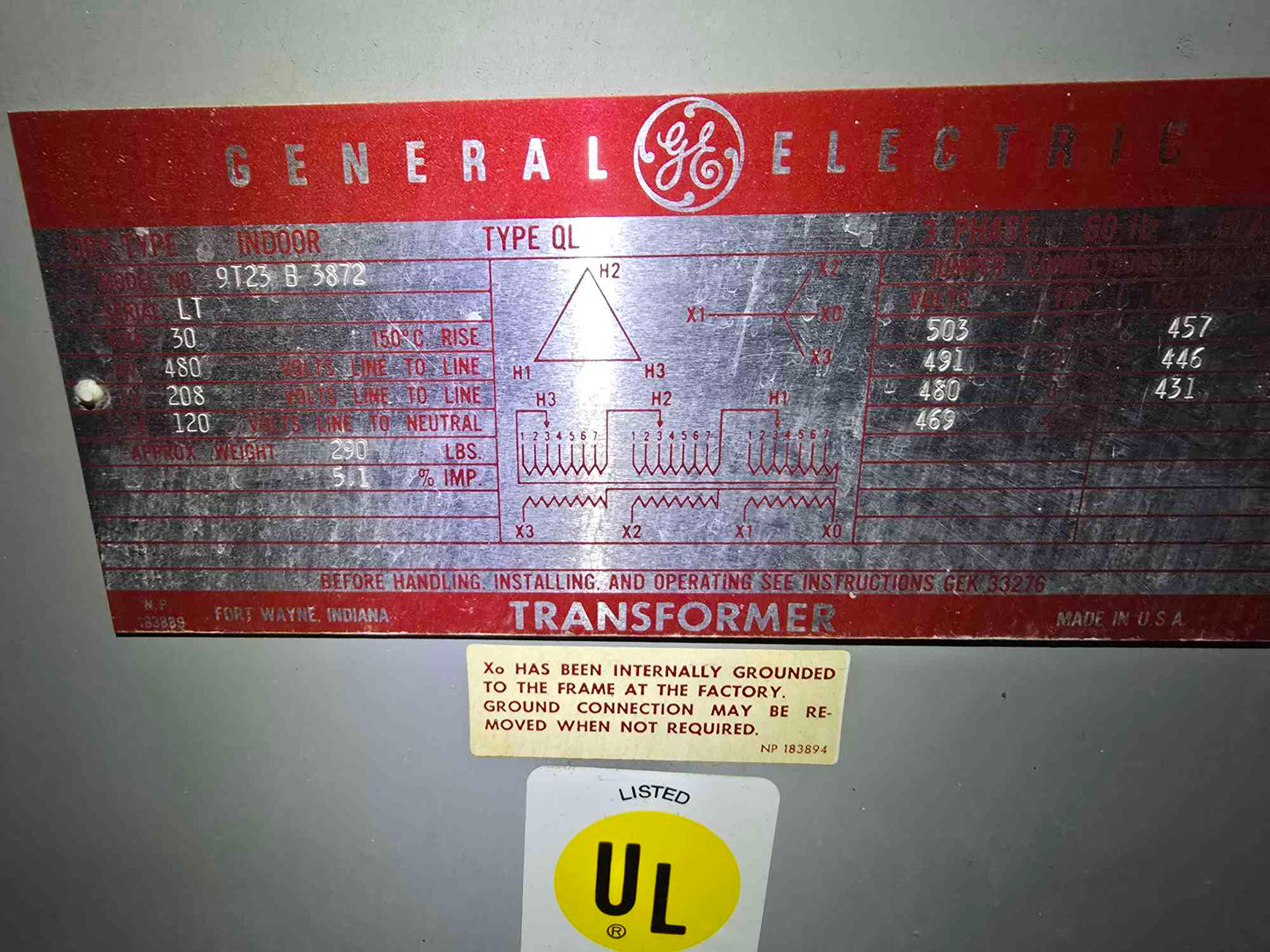 GE 30KVA 3PH 480v x 208/120v Dry Type Transformer 9T23 B-3872 (SKU: 111505)
