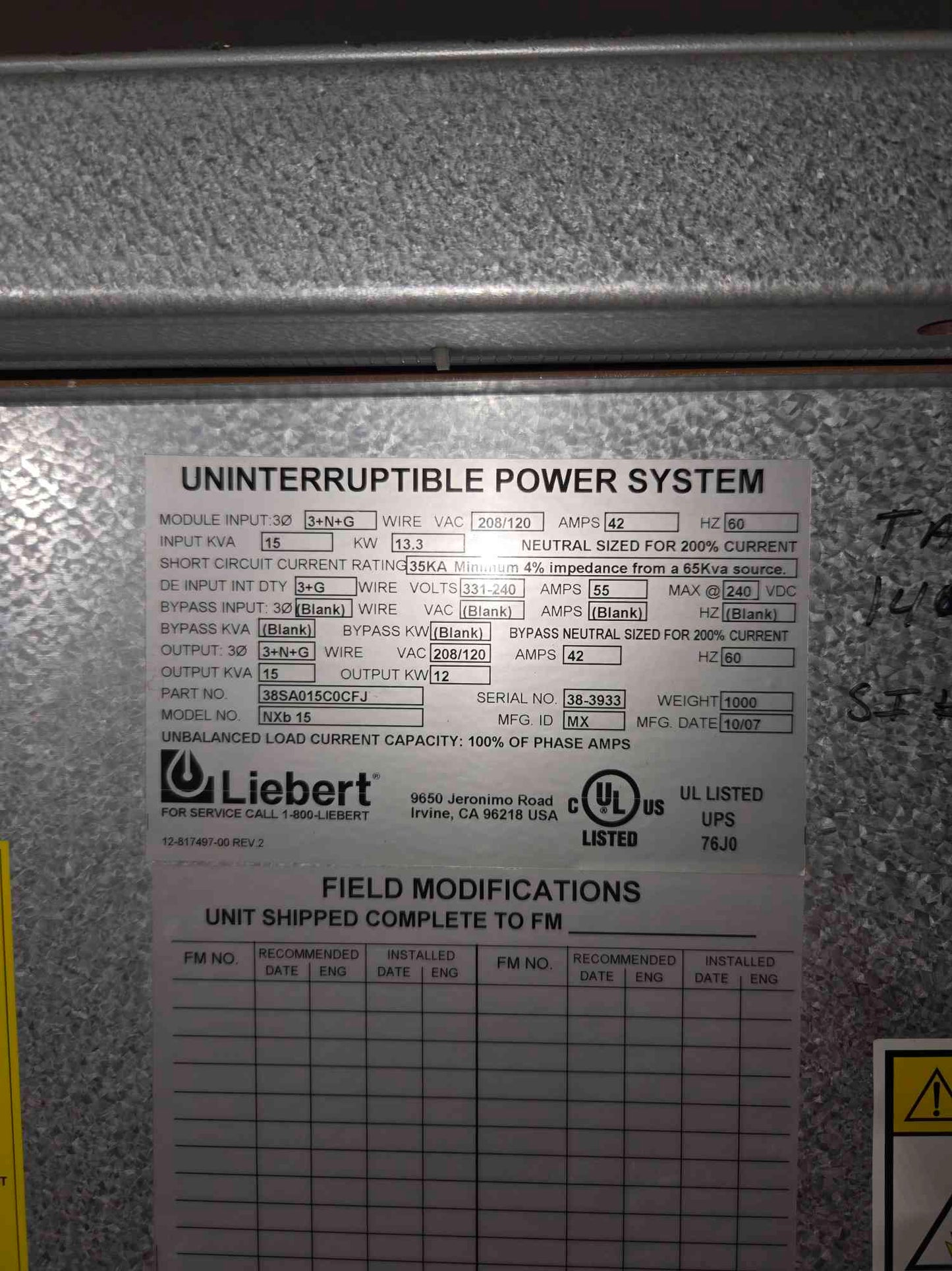 15KVA Liebert NXb15 UPS 208/120V 42A 60Hz '07