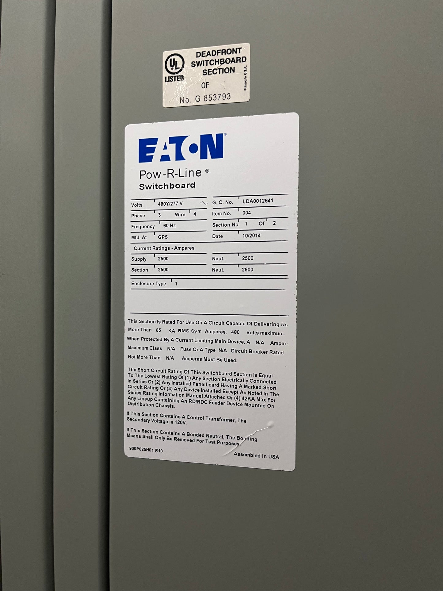 Eaton Pow-R-Line 480V 2500A 2 Section Switchboard RGH 1600 Amp Circuit Breaker RGH316033E