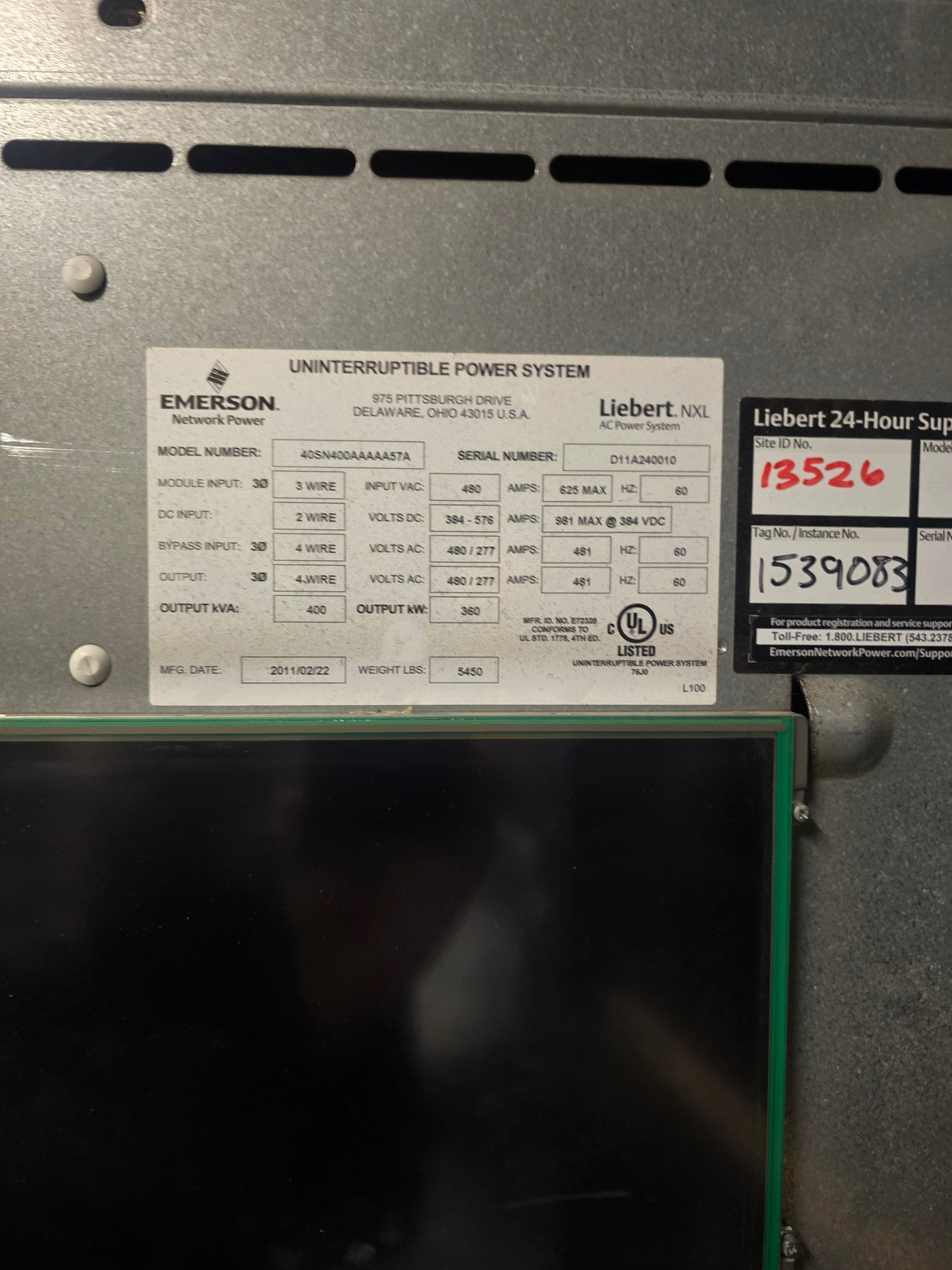 Liebert NXL 400kVA 360kW 480V 3PH Industrial UPS & 2 Battery Cabinets