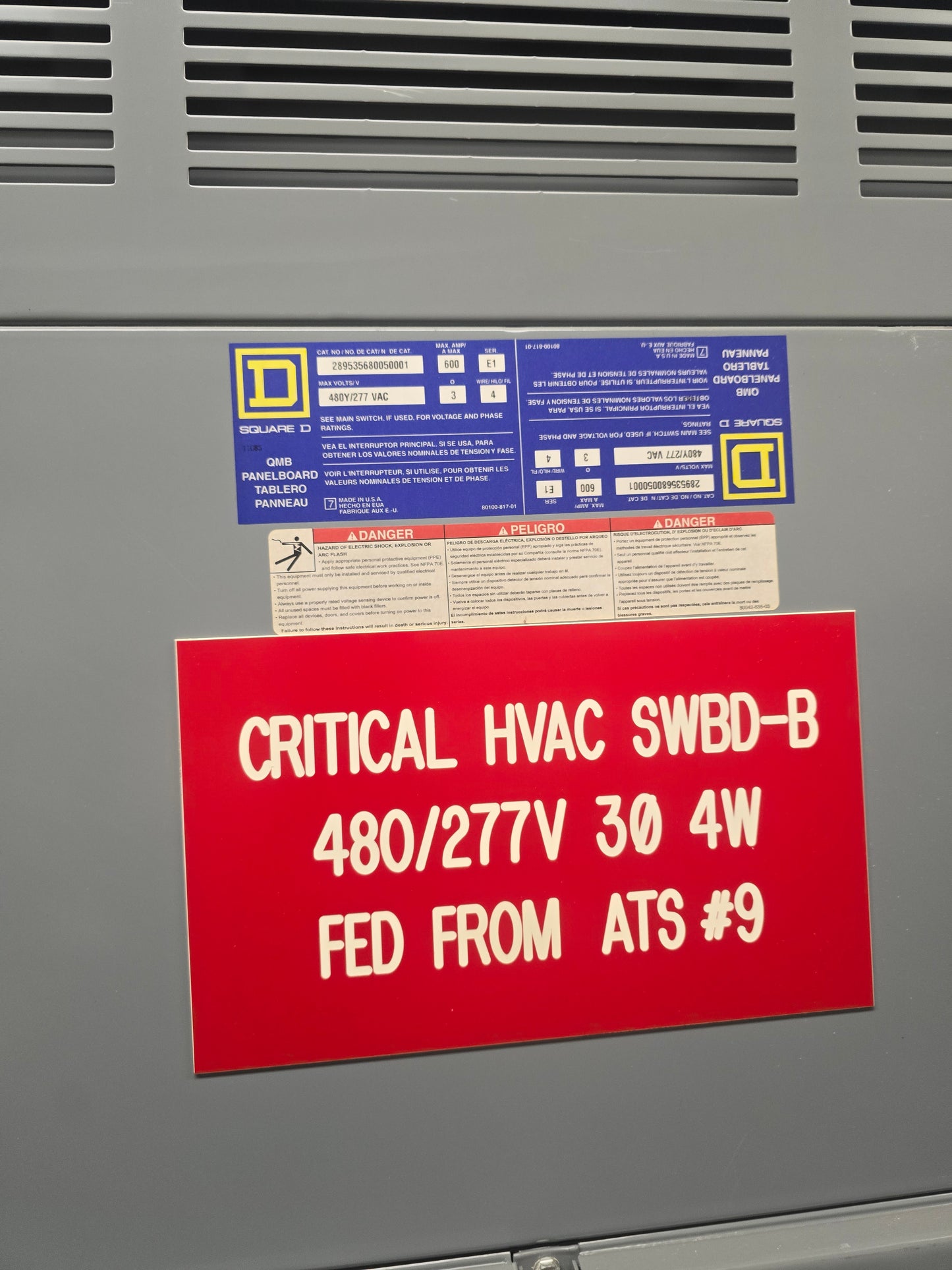Square D QMB 600 Amp 480Y/277V 3 Phase Fusible Switch Panelboard Distribution