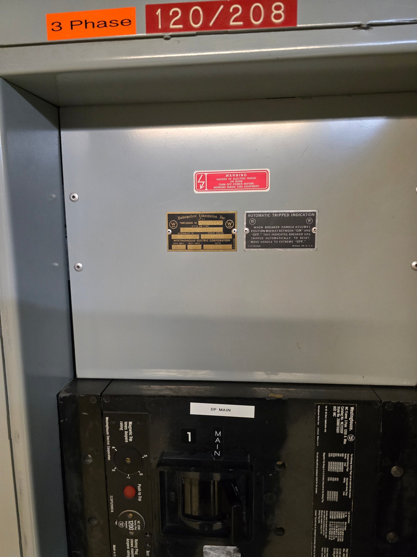 Westinghouse PRL1 Panelboard 1200A Main Breaker 120/208V 3PH 4W NC-Frame