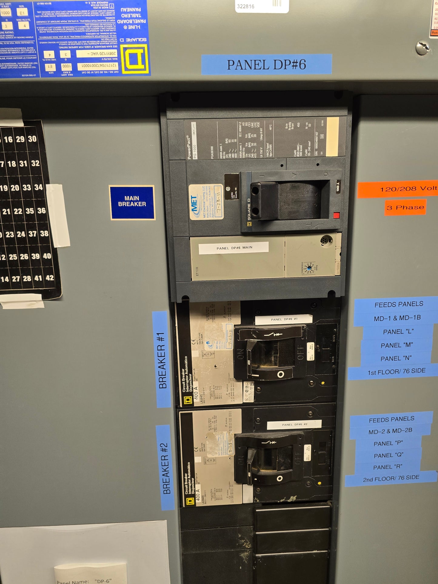 Square D I-Line Panelboard DP#6 1000A 208Y/120V 3-Phase 4-Wire with PowerPact PG 1000 Main Breaker and Sub-Feed Breakers