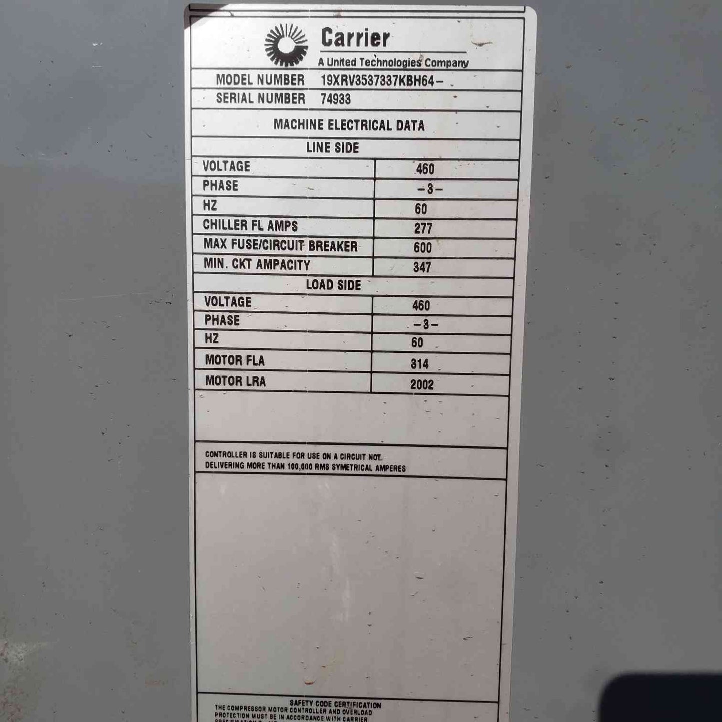 Carrier Evergreen 300 Ton 350 Ton 460V 3PH 60Hz 277A Chiller 19XRV3537337KBH64 (SKU: 113185)