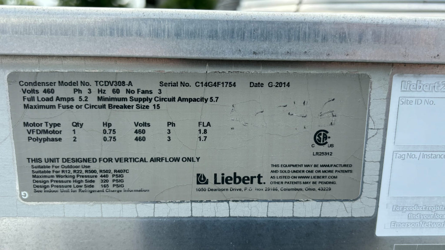 Liebert TCDV308-A Outdoor Air Cooled Condenser 3-Fan 460V 3PH Data Center 2014