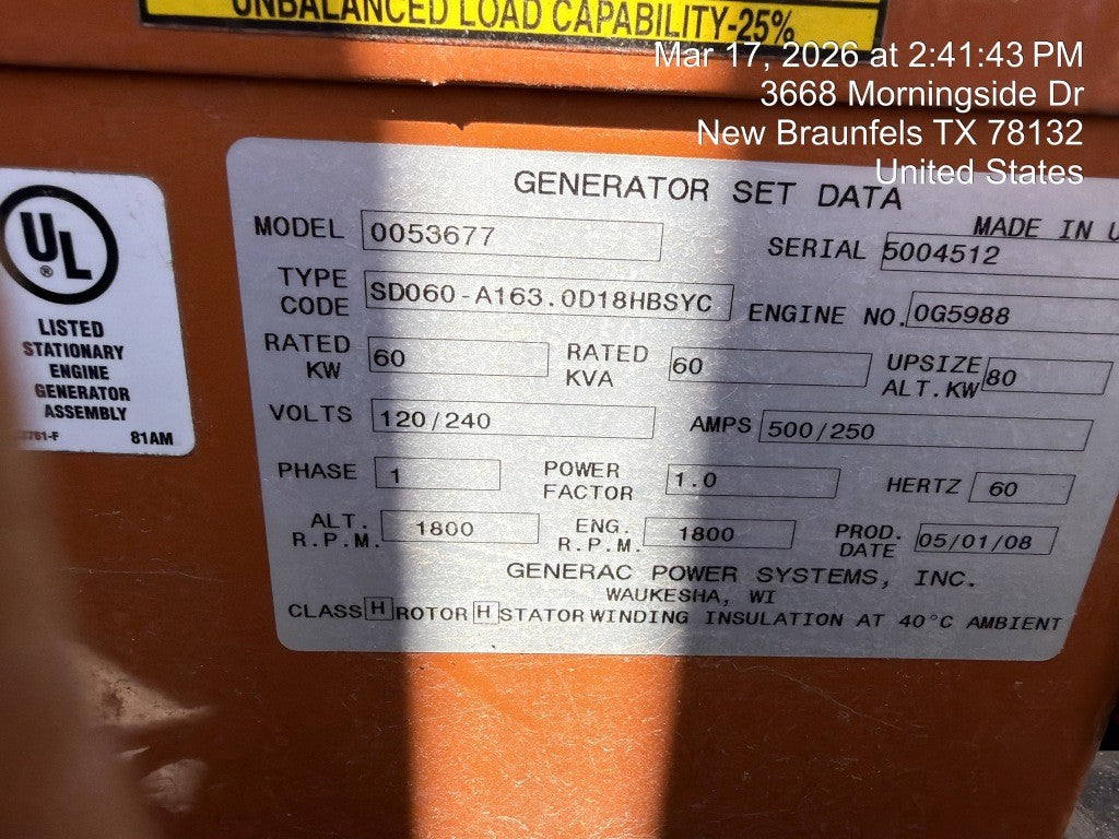 Generac 60kW Diesel Standby Generator 120/240V Single Phase SD060 210 Gal Tank