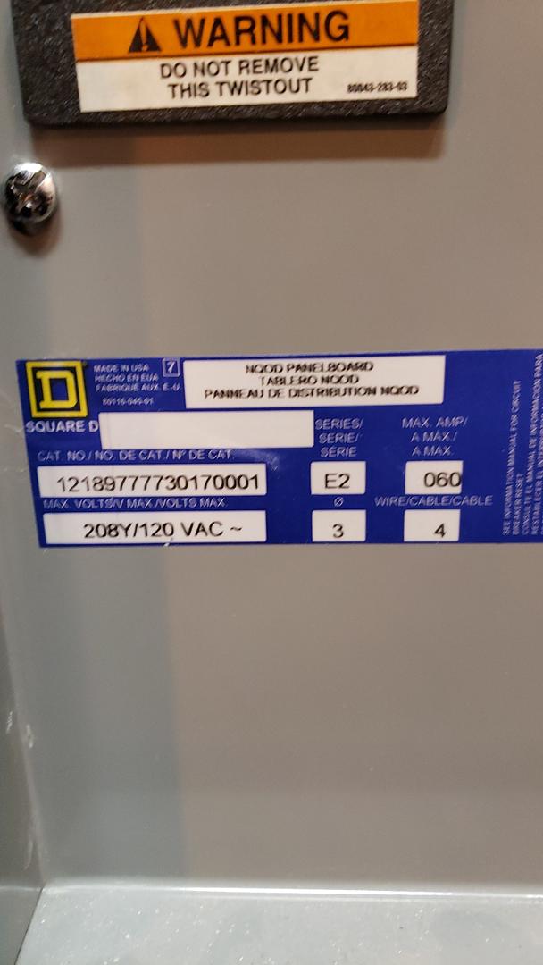 60A Square D Breaker Panel NQOD 208/120v E2 Loaded w/ Main(S6LLST12186)