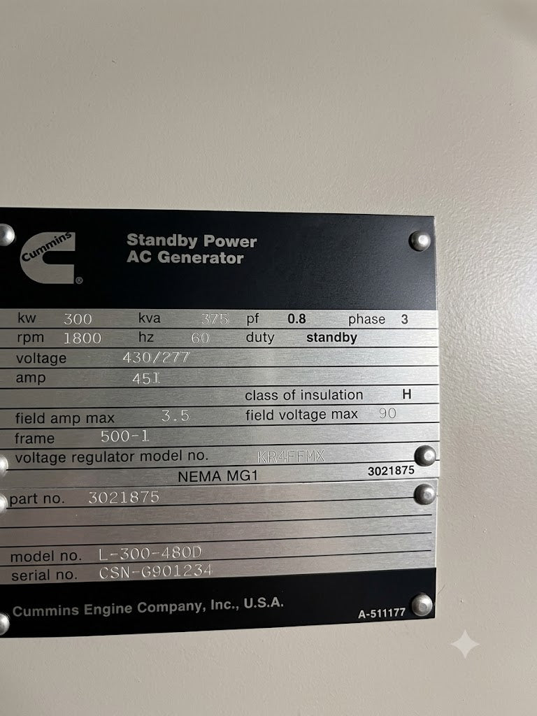 Cummins 300 kW Standby Diesel Generator 375 kVA 480V 3 Phase 1800 RPM Open Skid