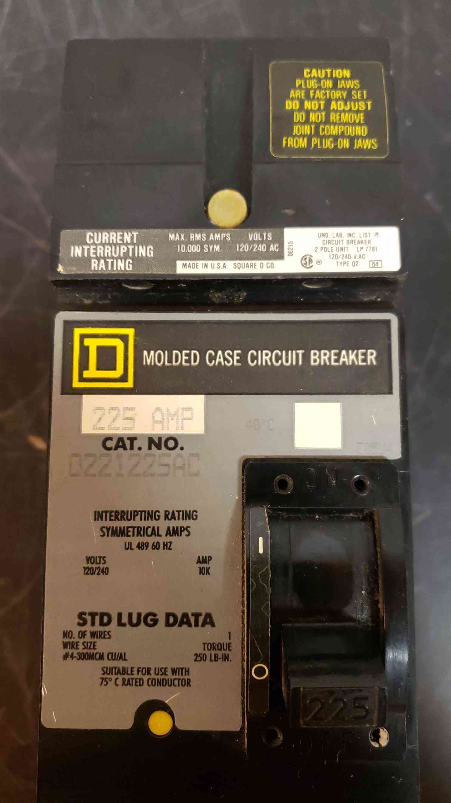 Square D 225 Amp Breaker Q221225AC I-Line Lug to Bus (SKU: 1977AA)