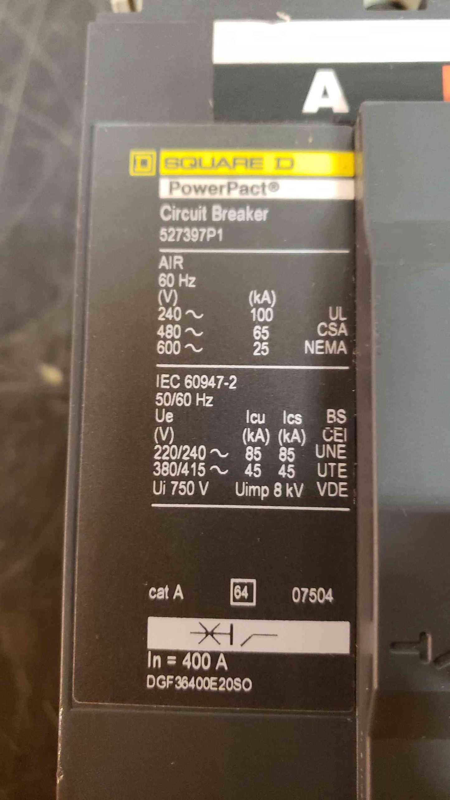 Square D 400 Amp Circuit Breaker DGF36400E20SO (SKU: 2526AA)