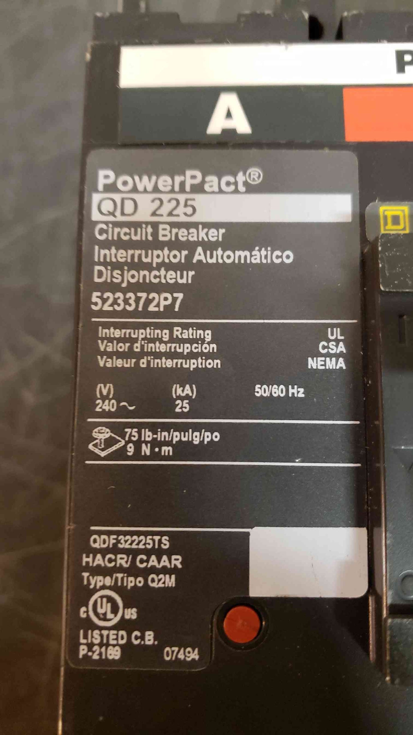Square D 225 Amp Breaker QD 225 523372P7 (SKU: 2513AA)
