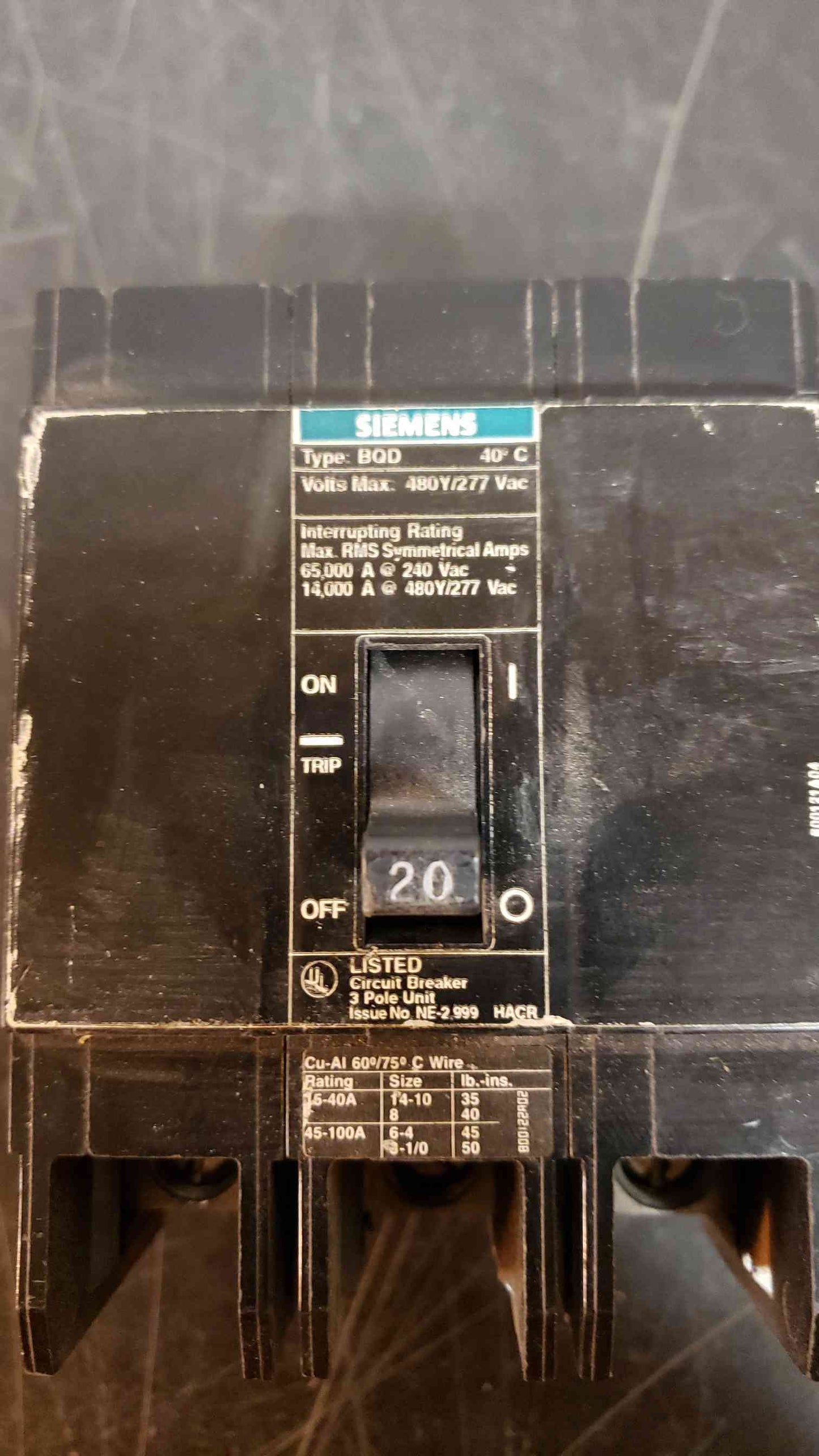 Siemens 20 Amp BQD 3 Pole Breaker NE2999 (SKU: 2518AA)(2518AA)