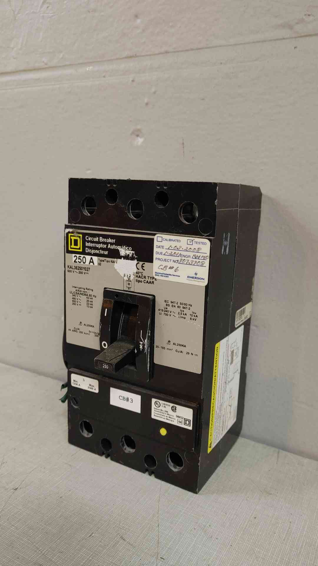 Square D 250A 3 Pole Circuit Breaker 600V 250V 22KA KAL362501027(104645)