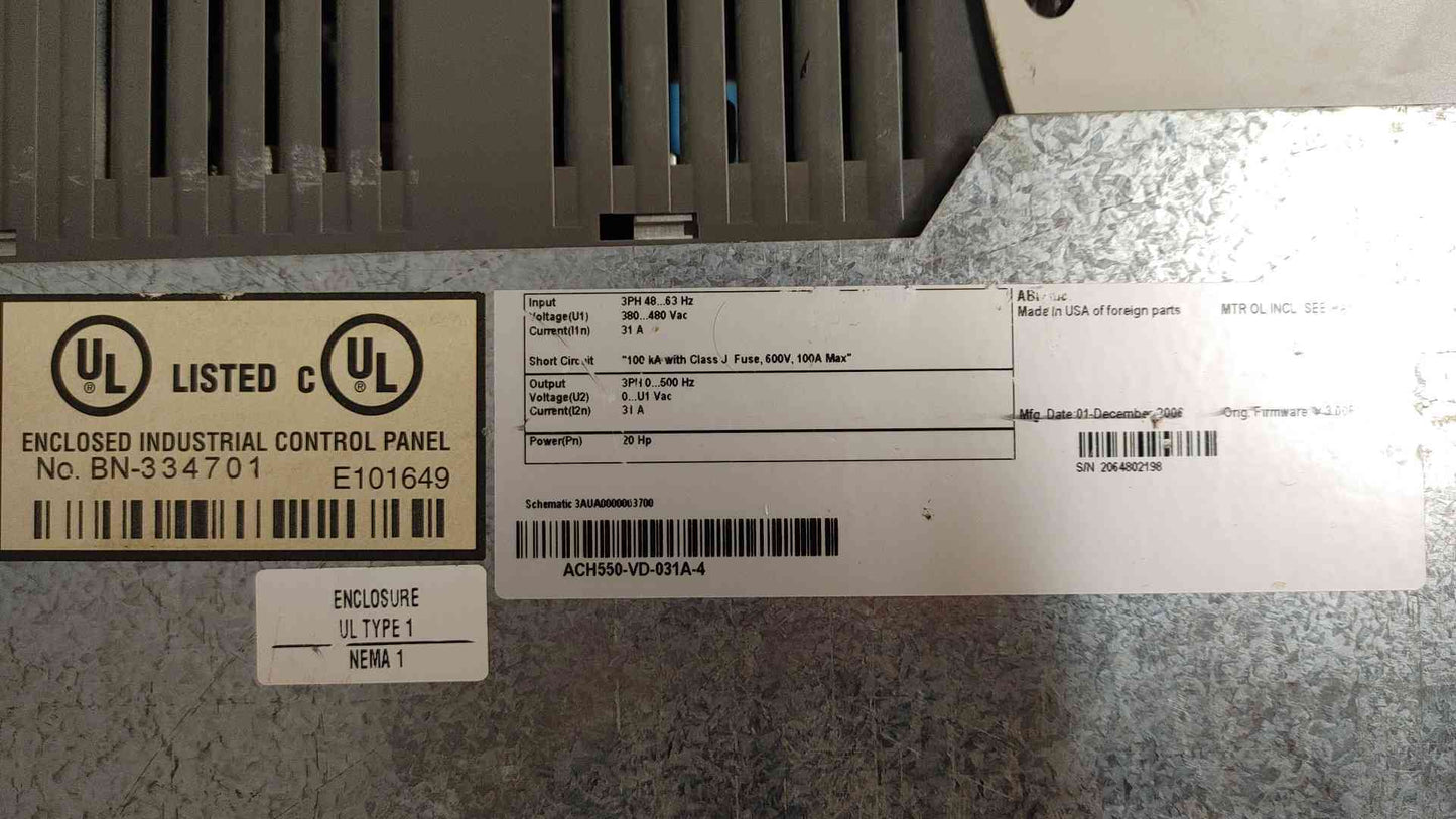 ABB ACH550-VD-31A-4 20HP 480V VFD HVAC Drive w/ E-Clipse Bypass & Disconnect (104712)