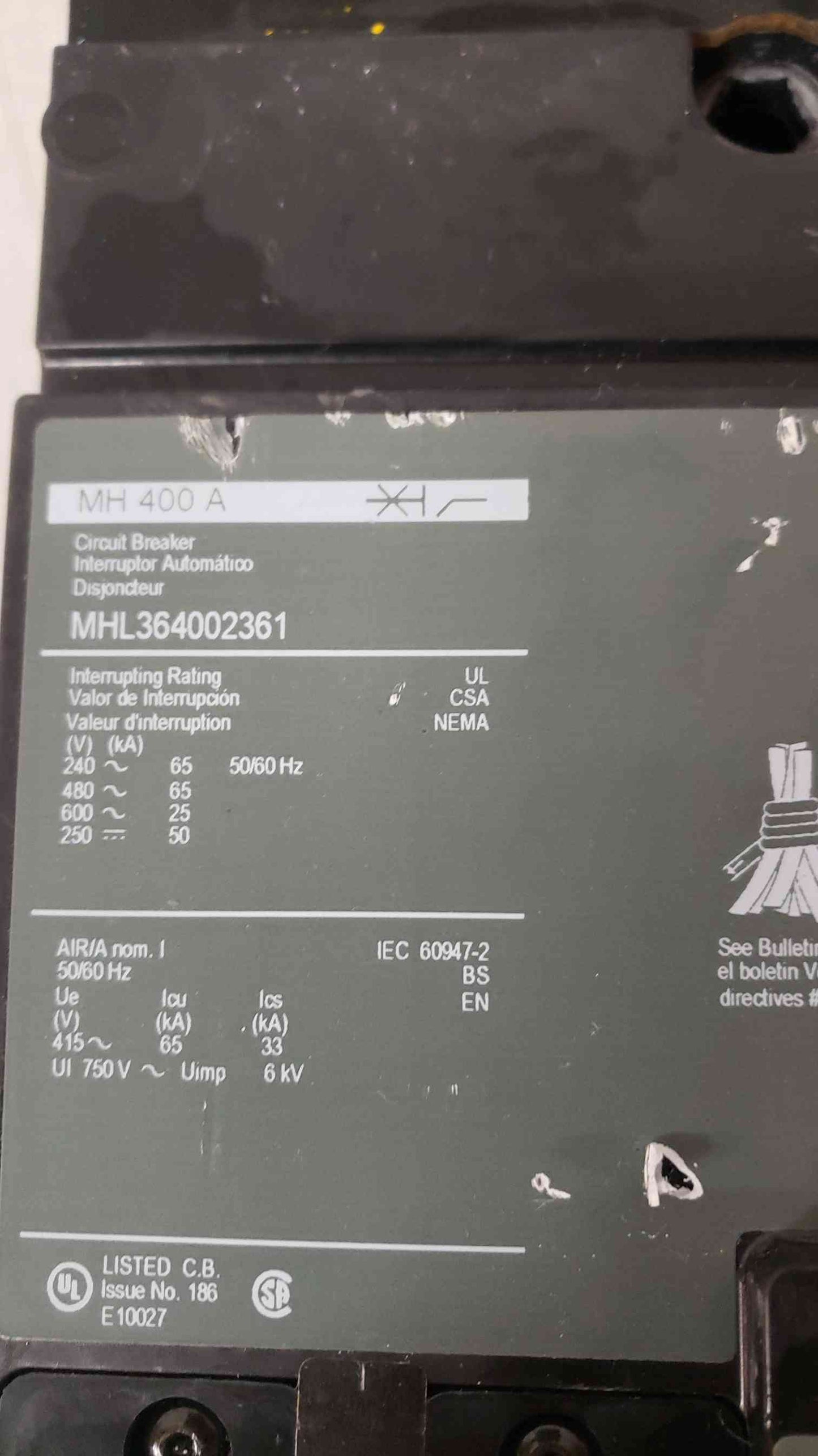 Square D 400A 3 Pole Breaker MH 400 A (SKU: 104775)(104775)