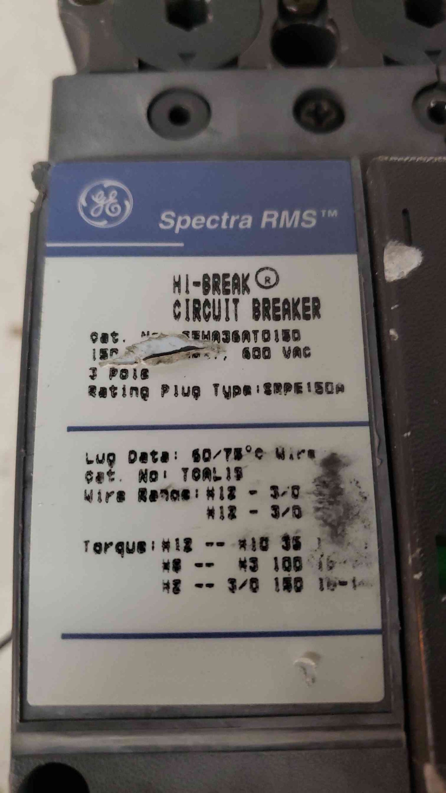 General Electric Spectra RMS 150A 3 Pole Breaker 600VAC(104786)