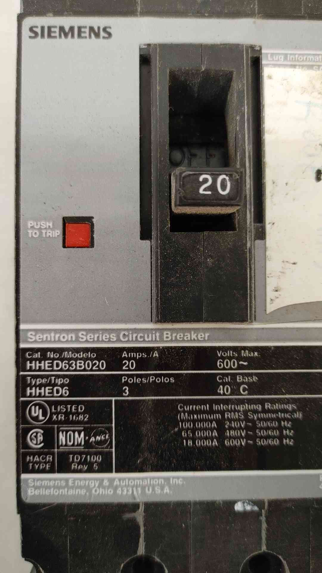 Siemens 20A 3 Pole Circuit Breaker 600VAC HHED63B020(104791)