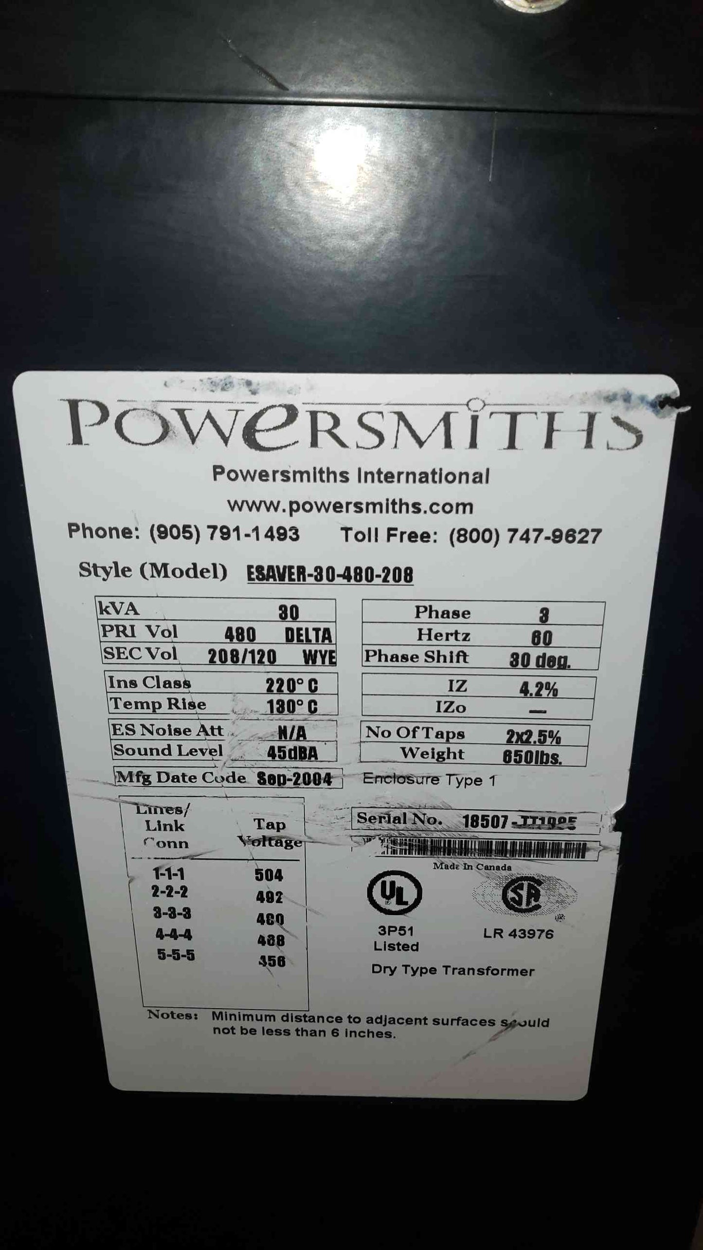 PowerSmiths 30KVA 480v x 208Y/120 3PH Dry Transformer ESAVER-30-480-208 (SKU: 106913)