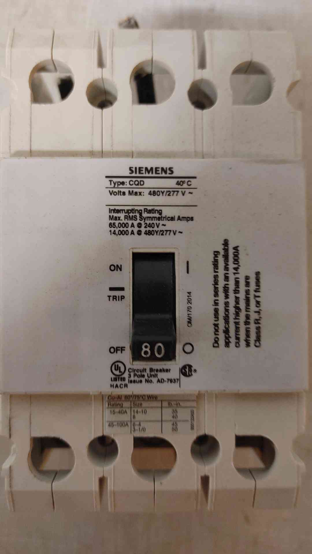 *Pickup Only* Siemens 80A 3 Pole Circuit Breaker 480Y/277V AD-7937