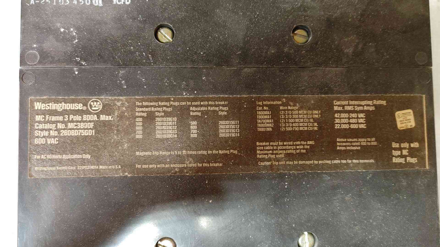 Westinghouse Circuit Breaker 3 Pole 800A 600VAC MC3800F