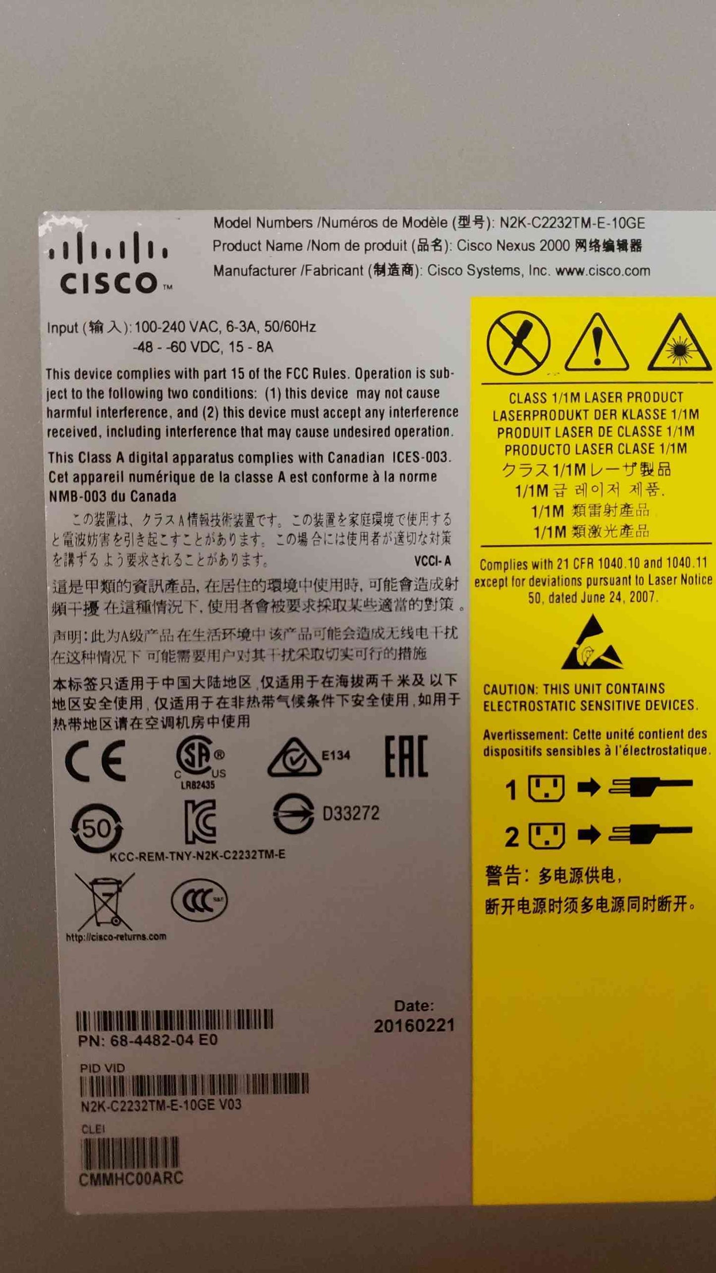 Cisco 100-240VAC 6-3A Fabric Extender N2K-C2232TM-E-10GE (SKU: 108153)