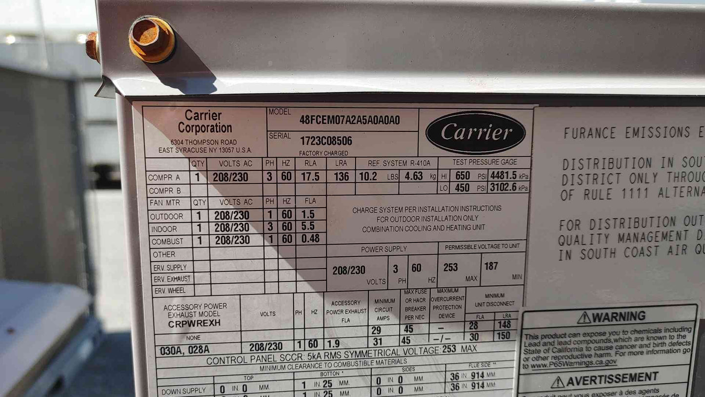 Carrier WeatherMaker RTU 208/230V 3PH 11000BTU 48FCEM07A2A5A0A0A0 (108414)