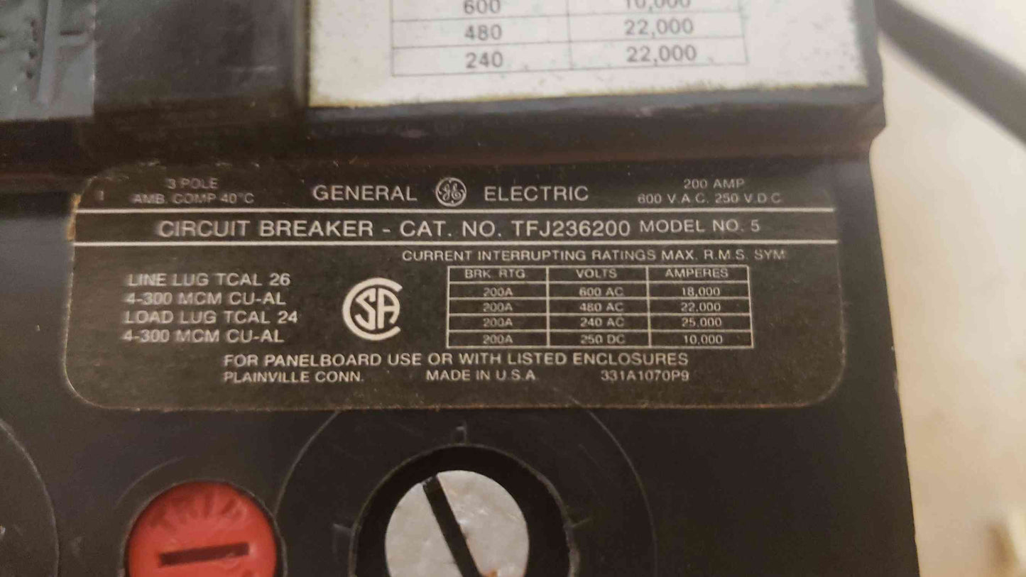 GE 200A 600VAC 3 Pole Breaker TFJ236200 (SKU: 108465)