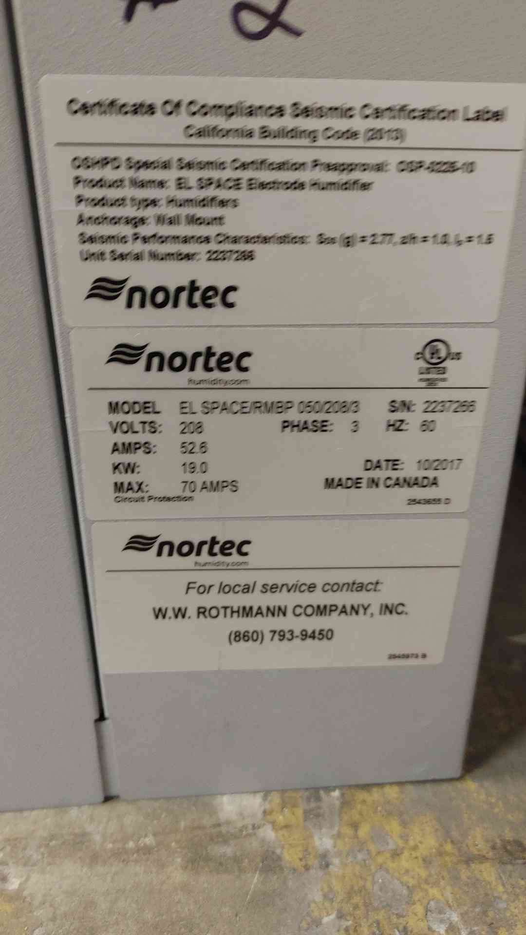 Nortec Humidifier Wall Mount 208V 3 Phase EL Space Electrode Humidifier (108773)