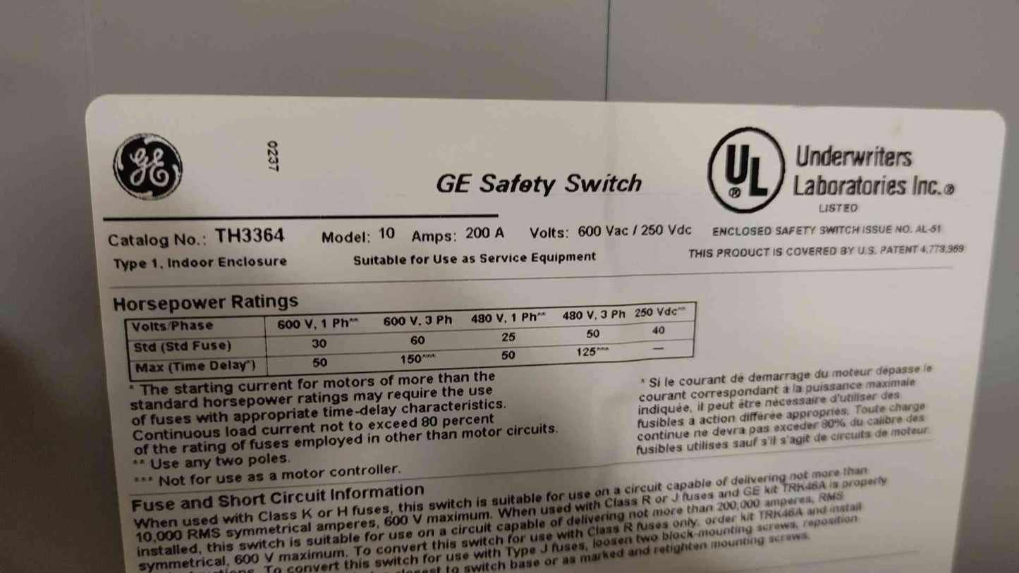 GE 200A Safety Switch 200 Amp Fused TH3364 (108931)