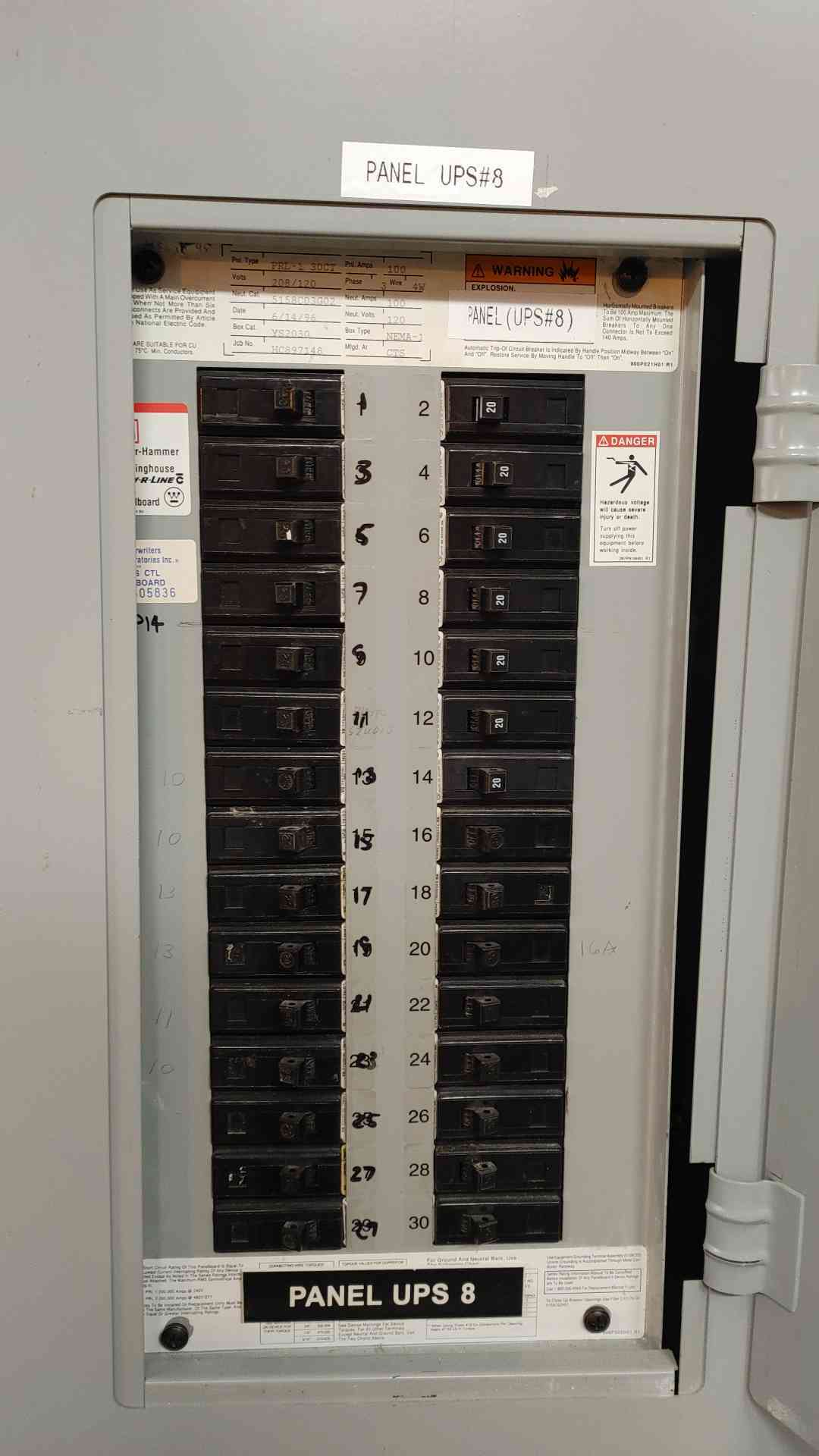 Cutler Hammer 100A PRL-1 NEMA-1 Panelboard 30CT 208/120V 3PH 4W (108988)