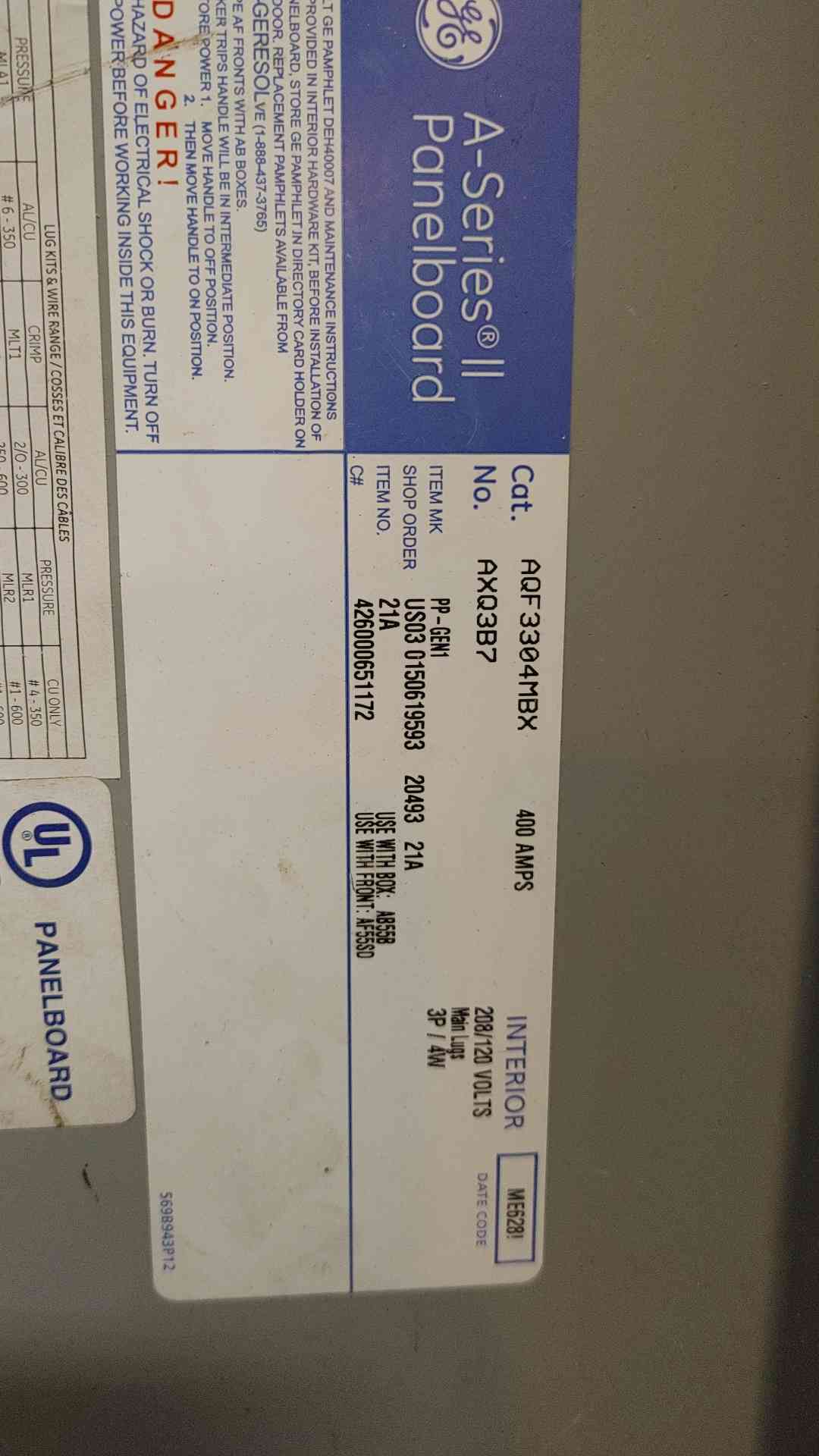 GE A Series 2 Panelboard 400A 208/120 V 3 Ph 4 Wire with Main (108984)