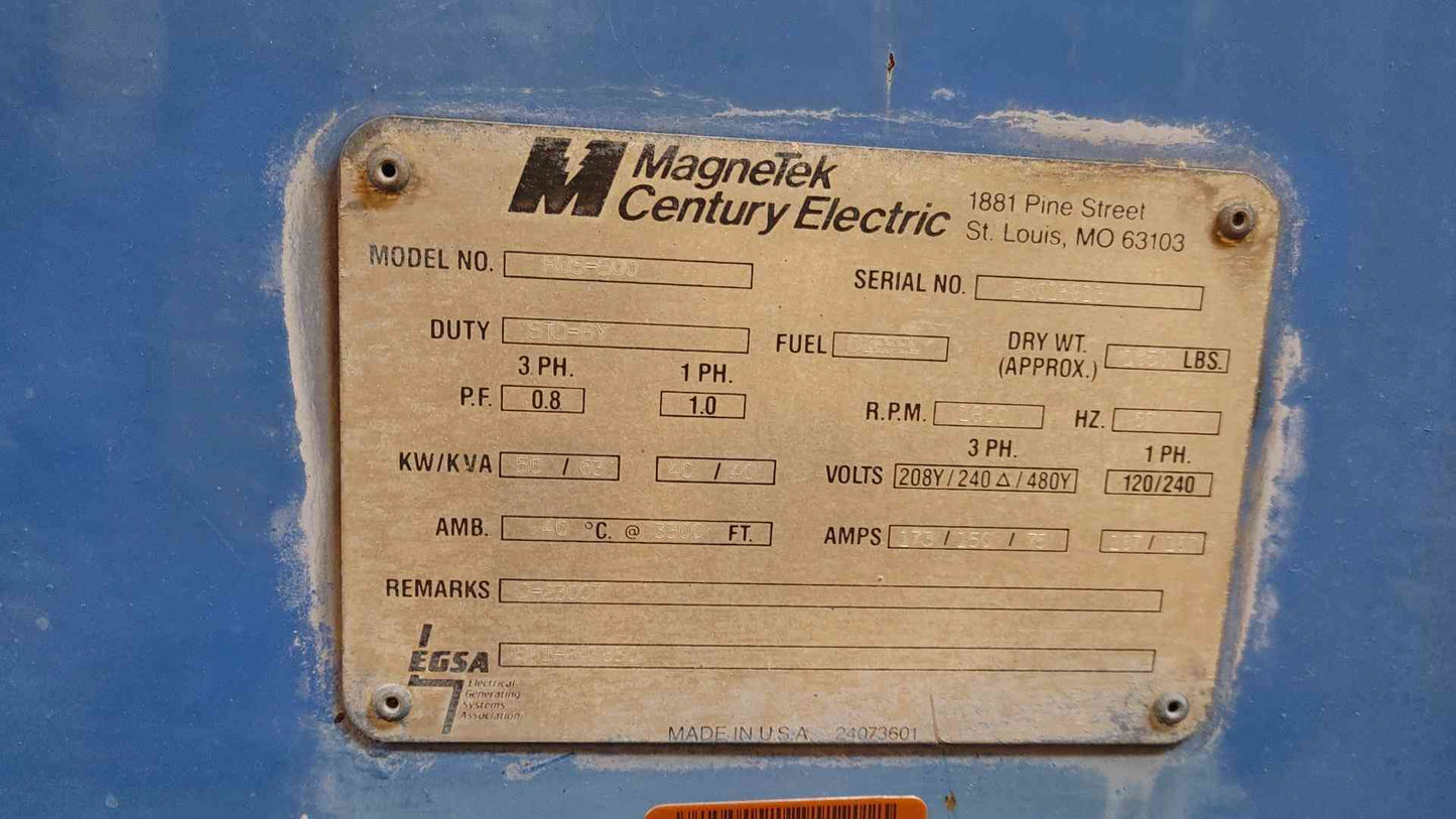 50KW Magnetek RDS500 Diesel Generator 1&3PH 554 Hrs TESTED (109016)