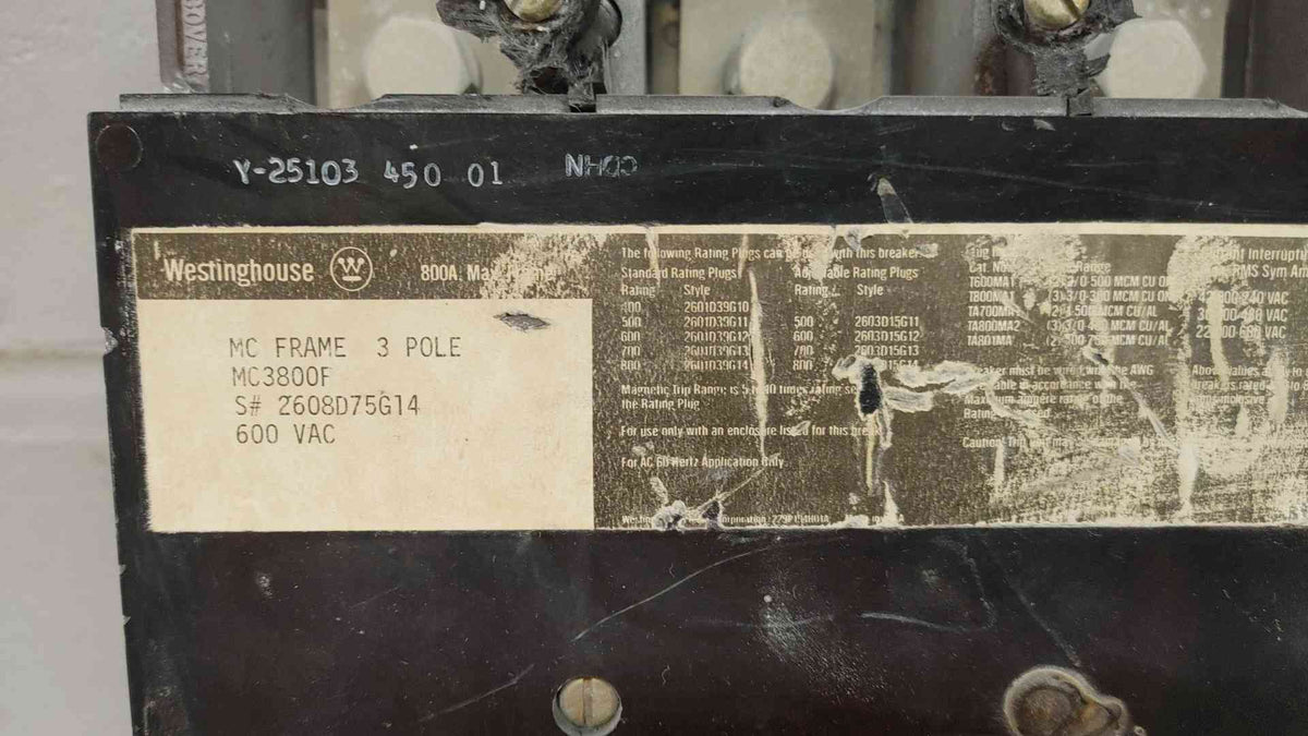 Westinghouse MC3800F 800A 3-Pole 600VAC Circuit Breaker - Built for Reliability
