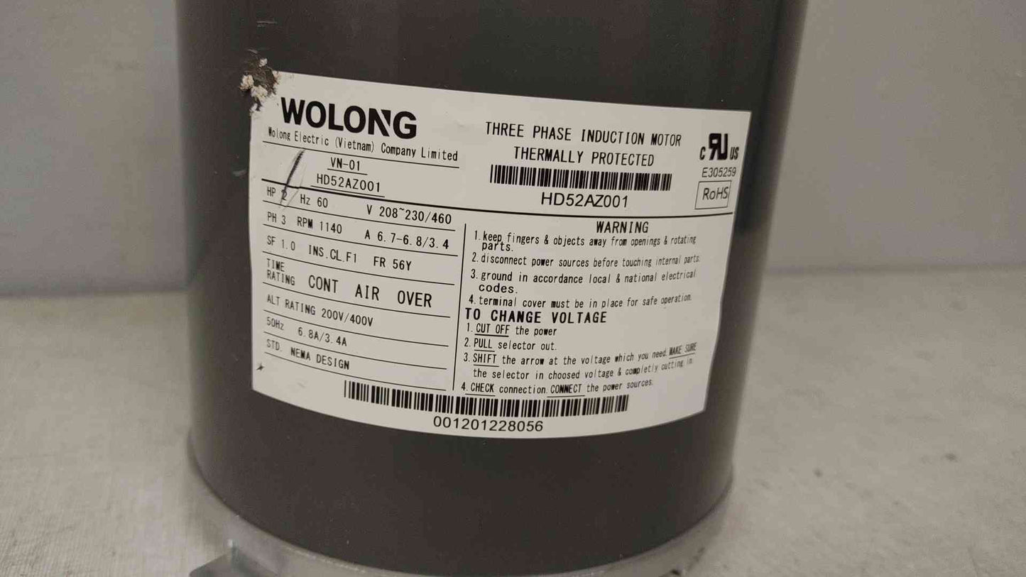 Wolong Electric 3 Ph Induction Motor HD52AZ001 2 HP 60 Hz 208/460 V (109458)