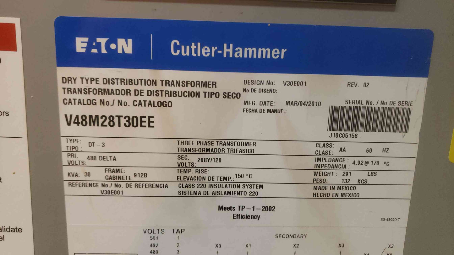 Cutler-Hammer 30KVA 480v Delta x 208Y/120 Transformer V48M28T30EE Dry Type (SKU: 109558)