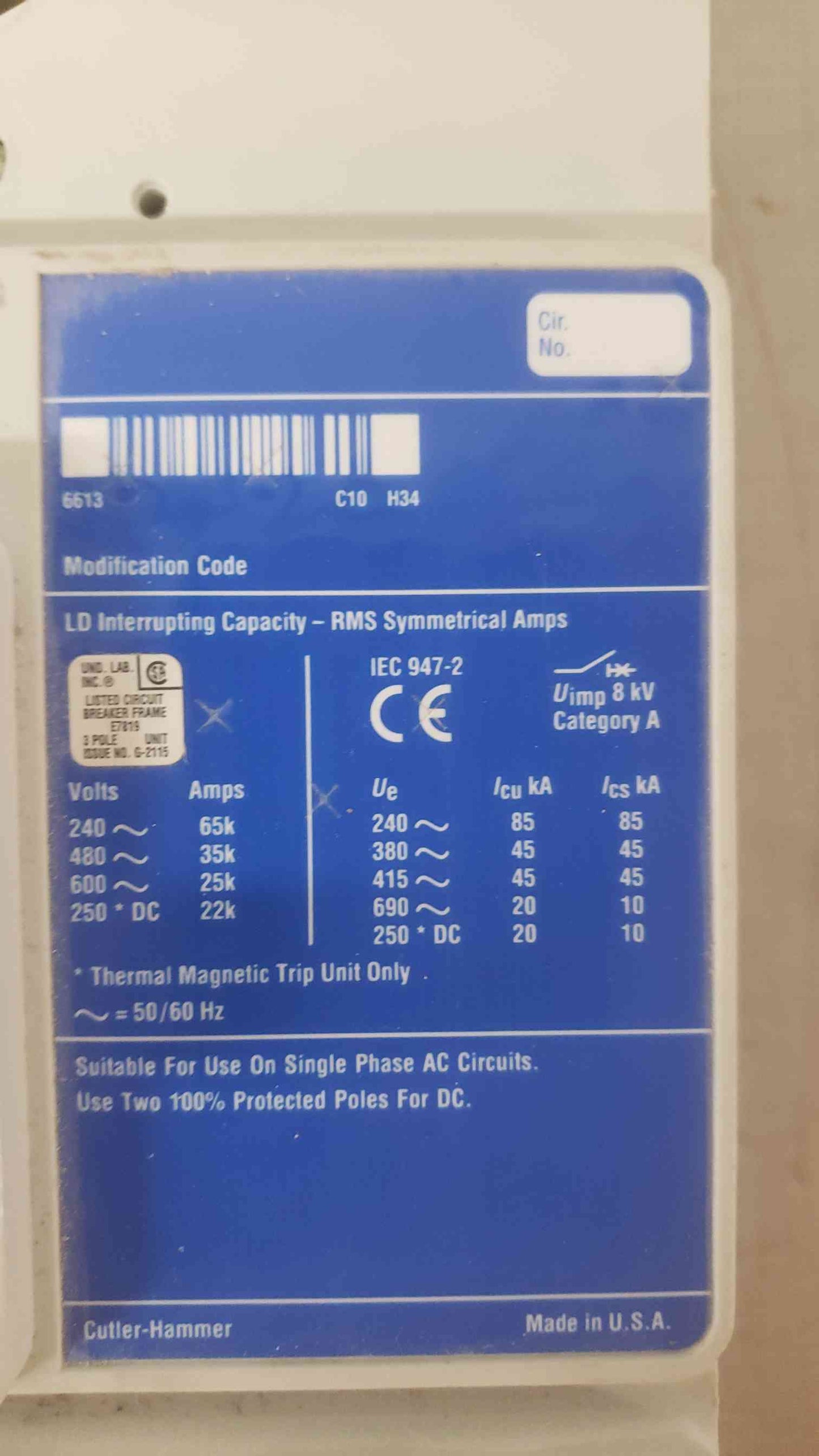 Cutler-Hammer 600A 600VAC-250VDC 3 Pole Breaker LD3600F (SKU: 109589)