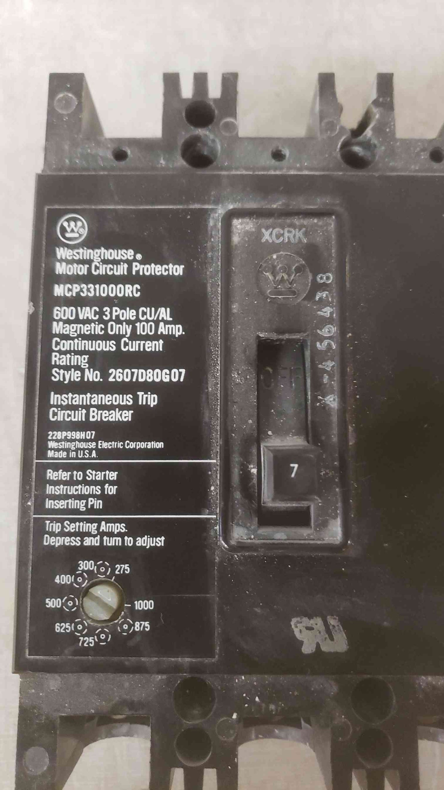 Westinghouse 7A 600VAC 3 Pole Breaker MCP331000RC (SKU: 109603)