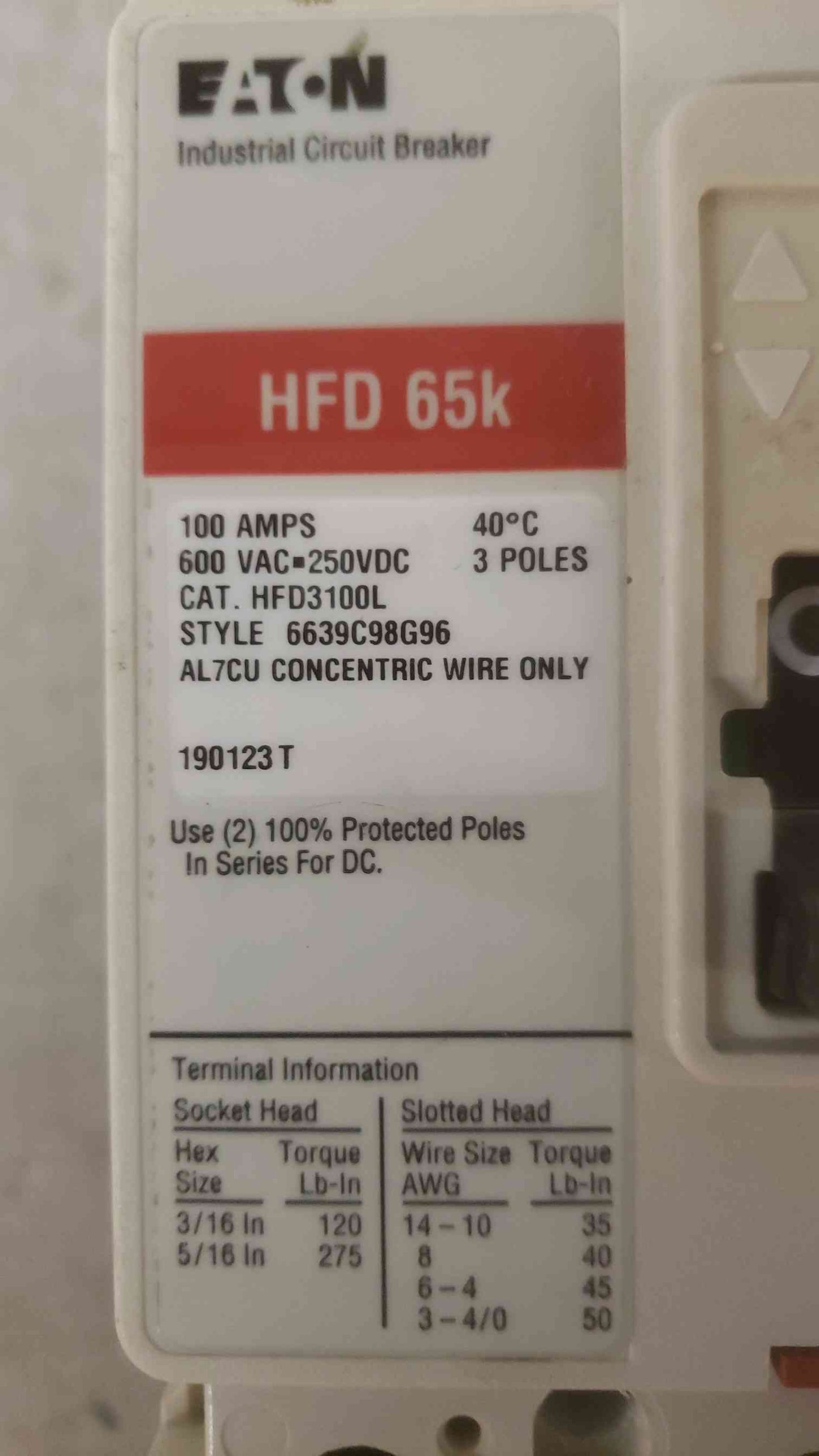Cutler-Hammer 100A 600VAC-250VDC 3 Pole Breaker HFD3100L (SKU: 109607)