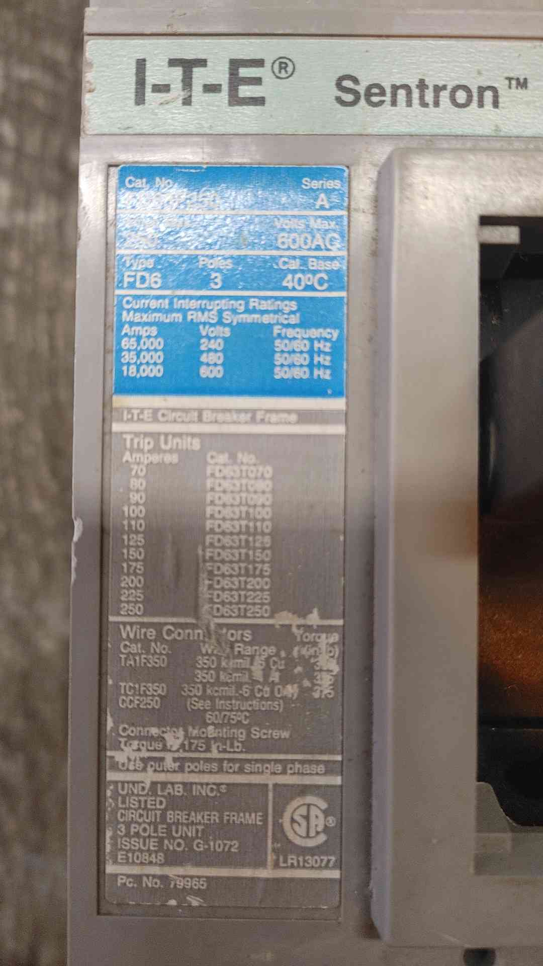 ITE Sentron Series Siemens FD63F250 250A 3POLE 600V (SKU: 110252)