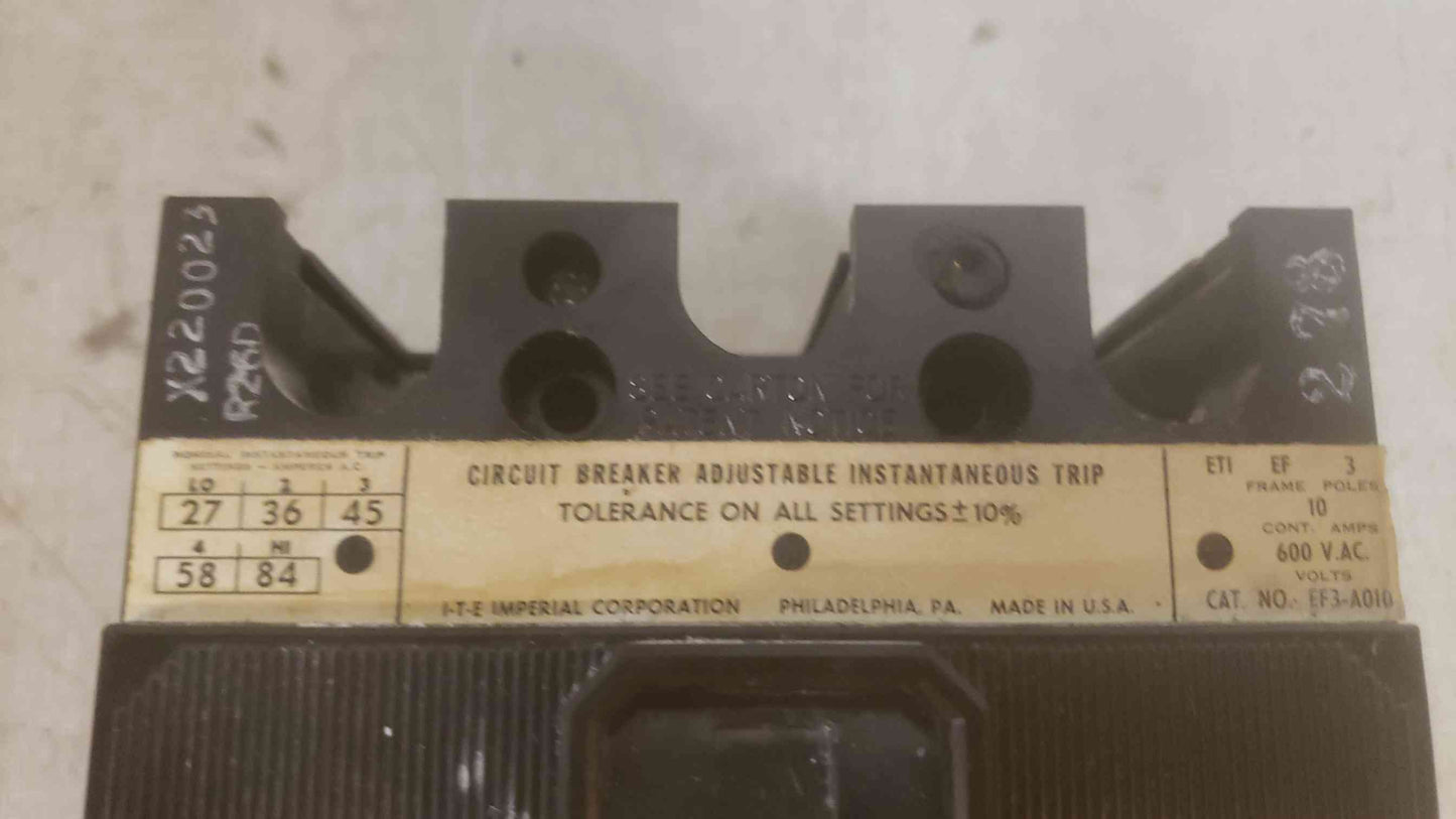 ITE IMPERIAL CORPORATION 3 POLE UNIT 10A 600 VOLTS Circuit Breaker (SKU: 110207)