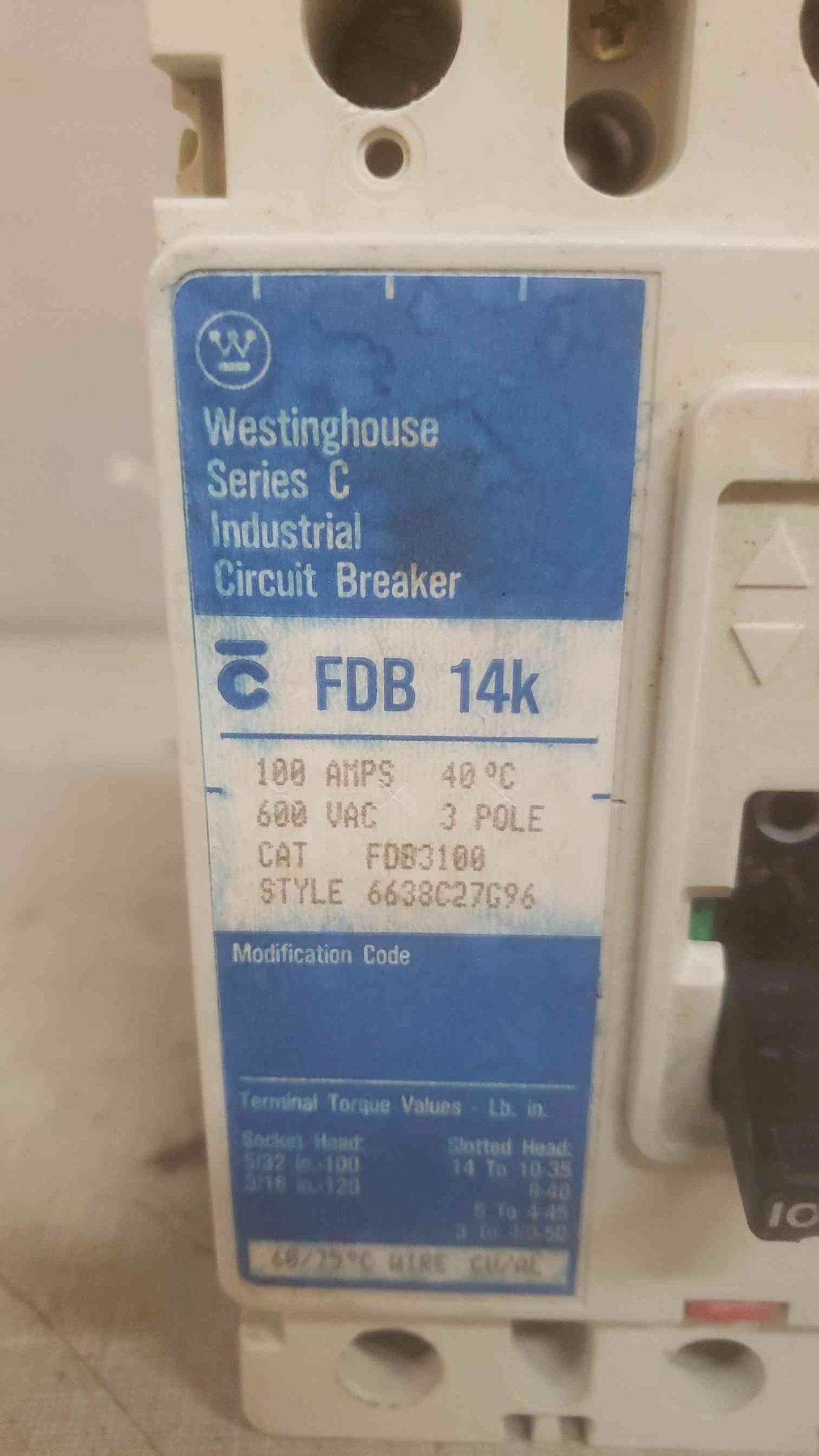 Westinghouse Motor Circuit Breaker Protector 100A 3 POLE 600VAC (SKU: 110210)