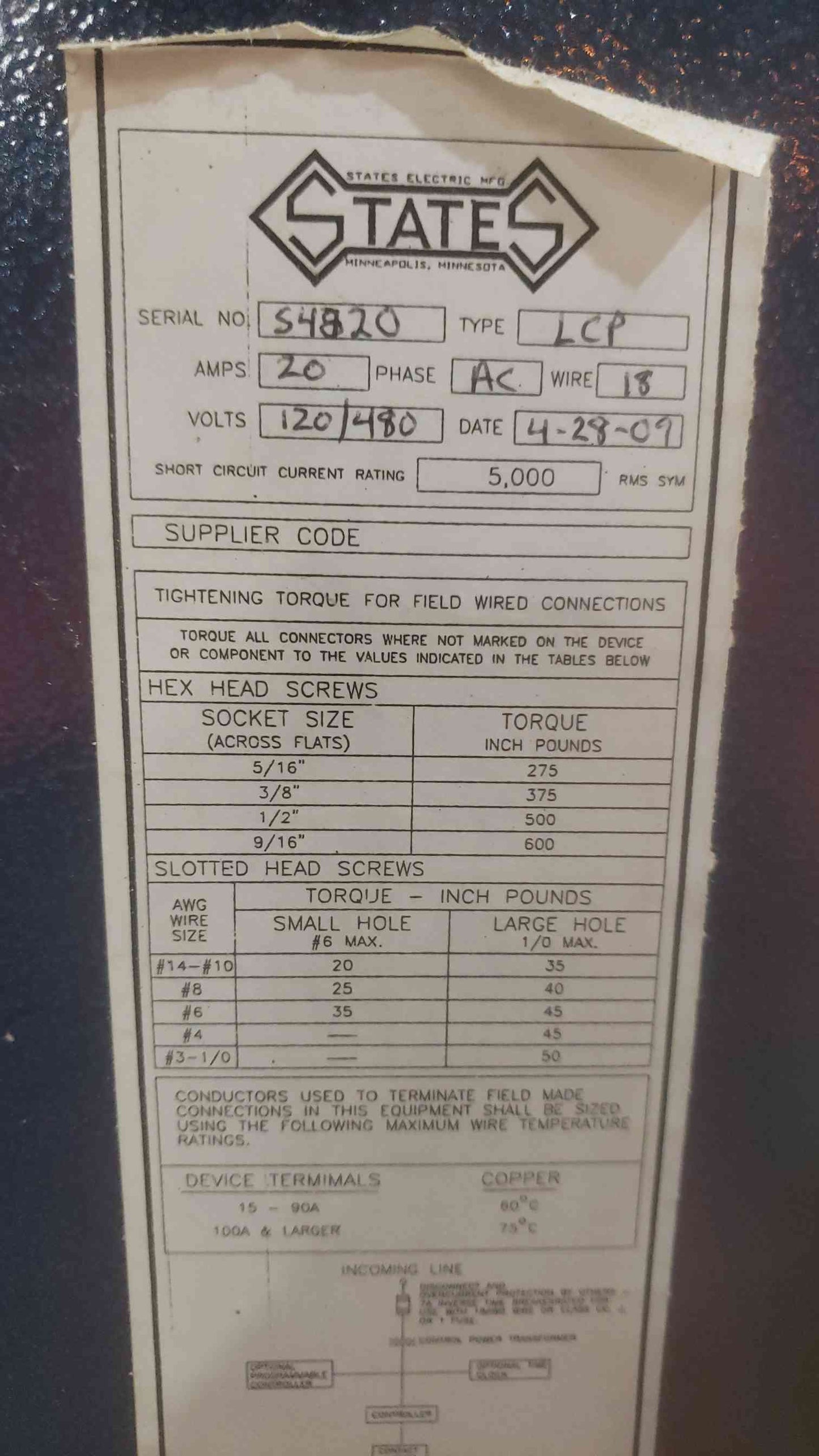 States Electric Mfg. Co. Lighting Contactor Panel 120/480V 20A Panelboard(SKU: 110580)